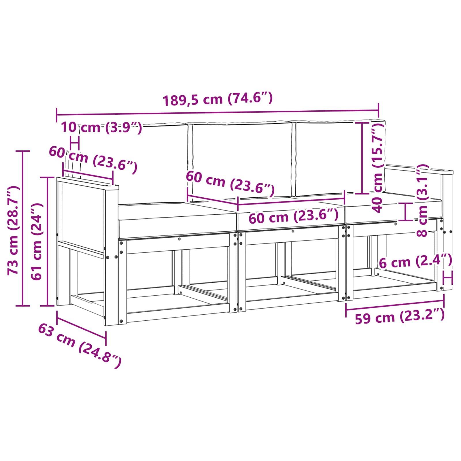 vidaXL Outdoor-Sofagarnitur mit Kissen 3 pcs Natur