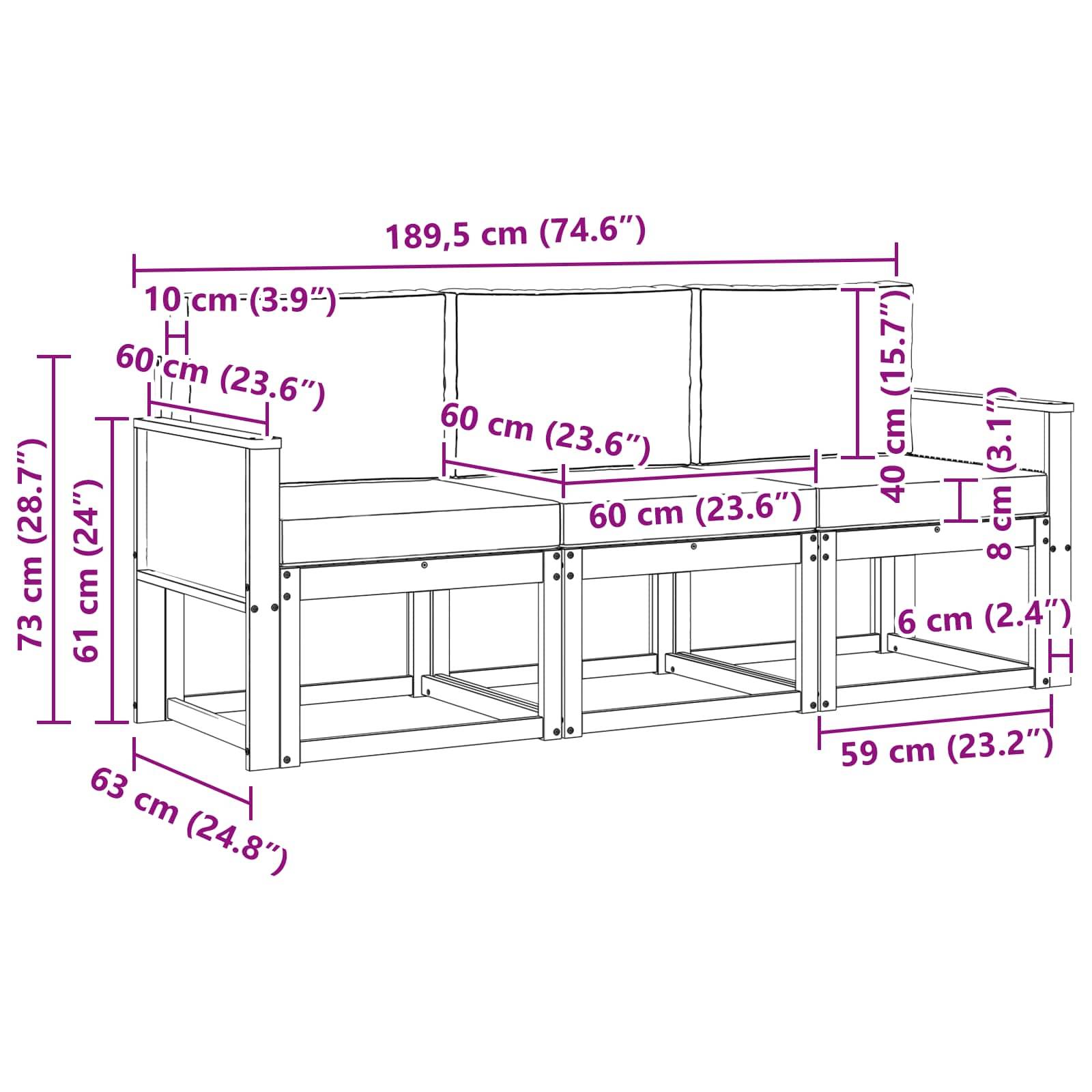 vidaXL Outdoor-Sofagarnitur mit Kissen 3 pcs Natur und Creme