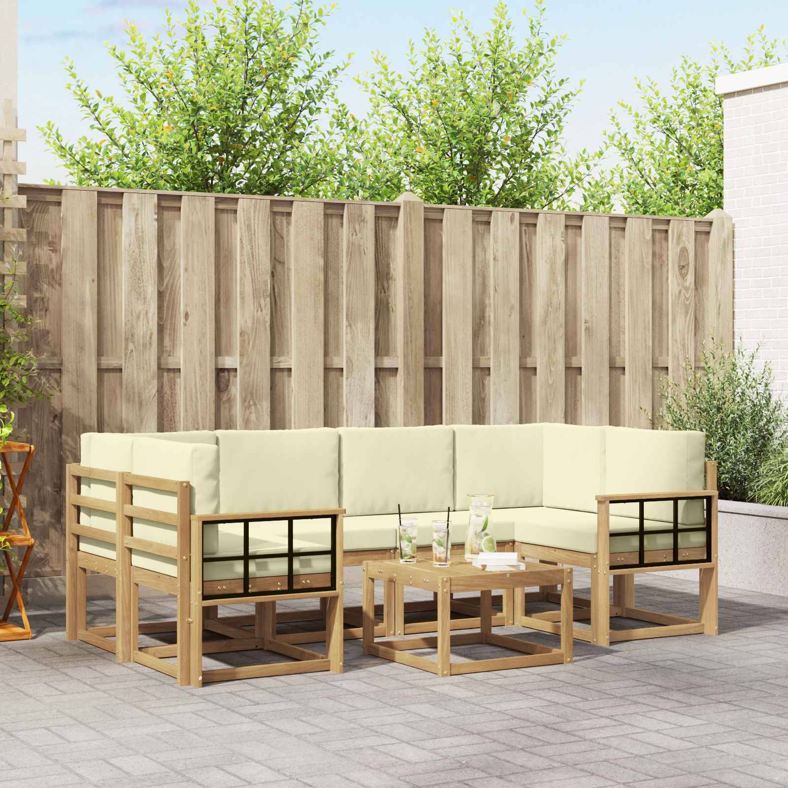 vidaXL Outdoor-Sofagarnitur mit Kissen 7 pcs Weiß und Creme