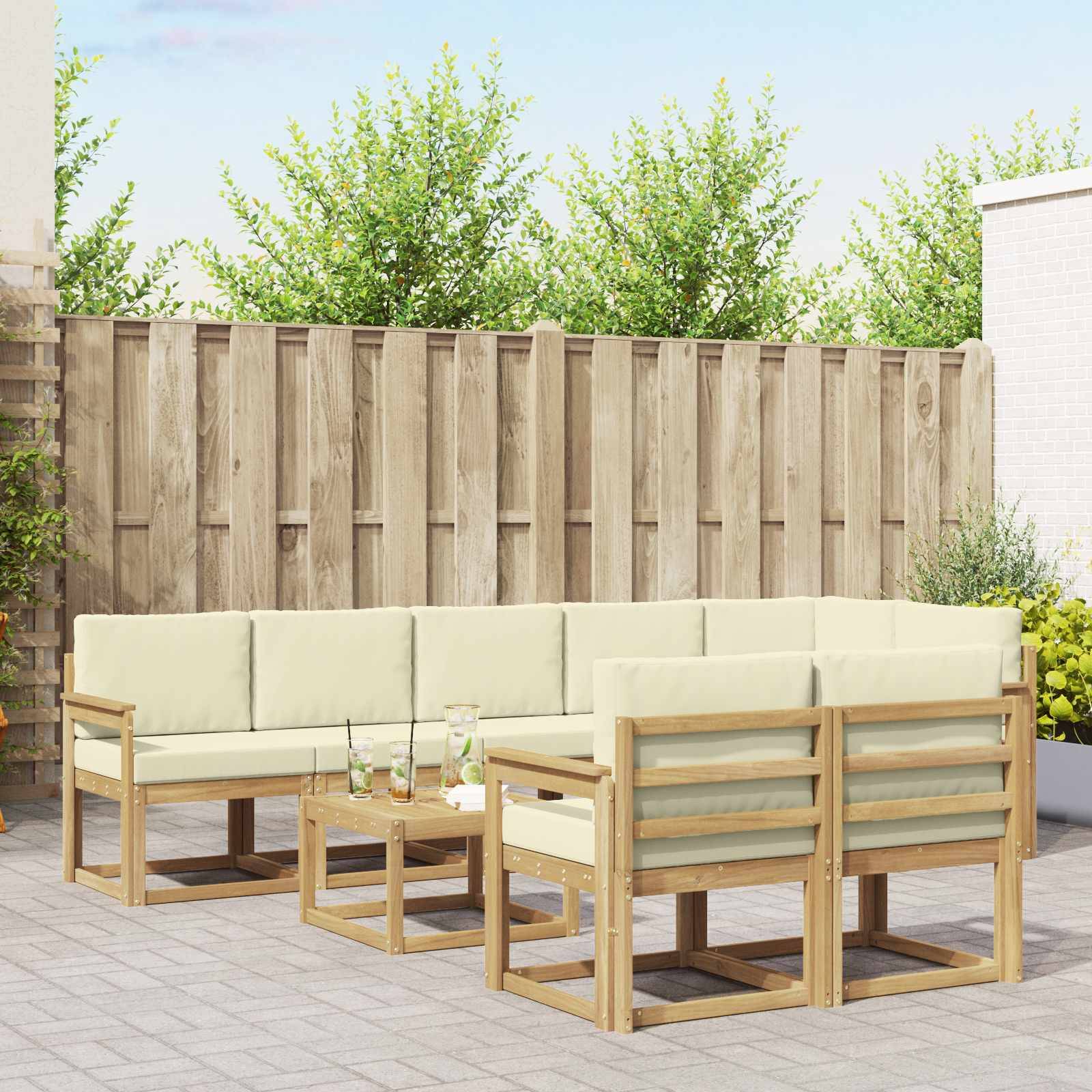 vidaXL Outdoor-Sofagarnitur mit Kissen 9 pcs Weiß und Creme Polyester