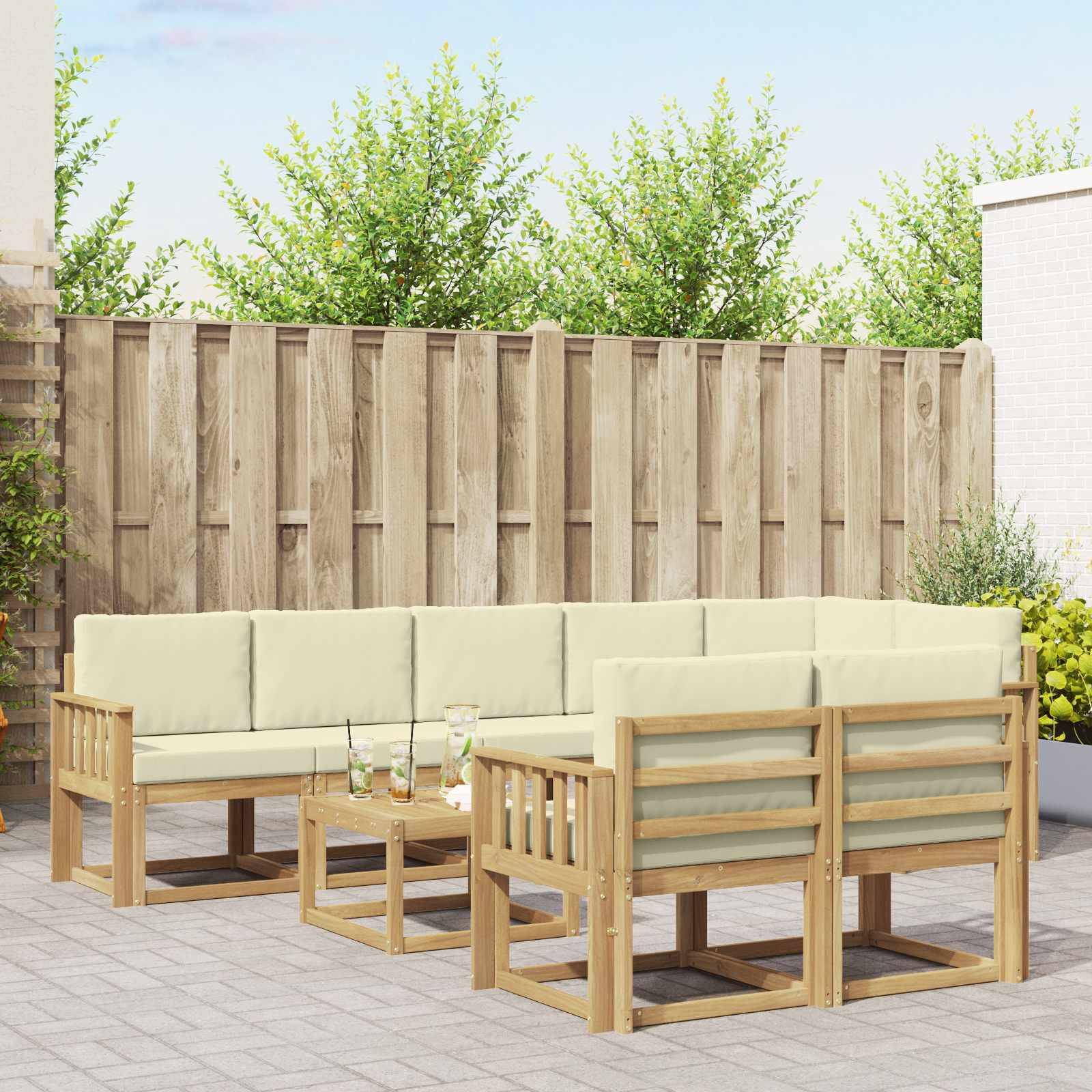 vidaXL Outdoor-Sofagarnitur mit Kissen 9 pcs Weiß und Creme Polyester