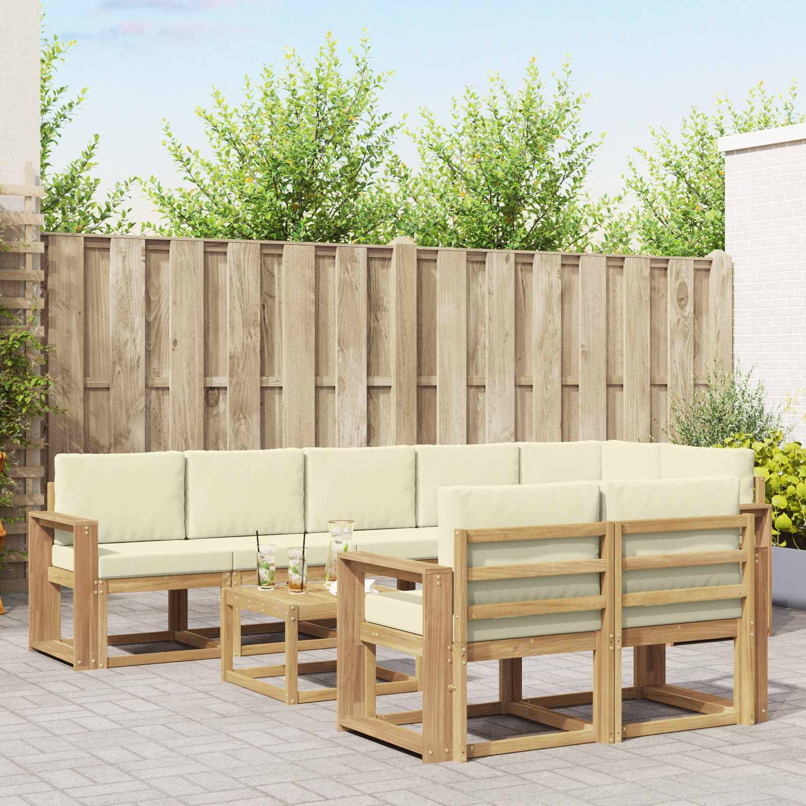 vidaXL Outdoor-Sofagarnitur mit Kissen 9 pcs Weiß und Creme Polyester