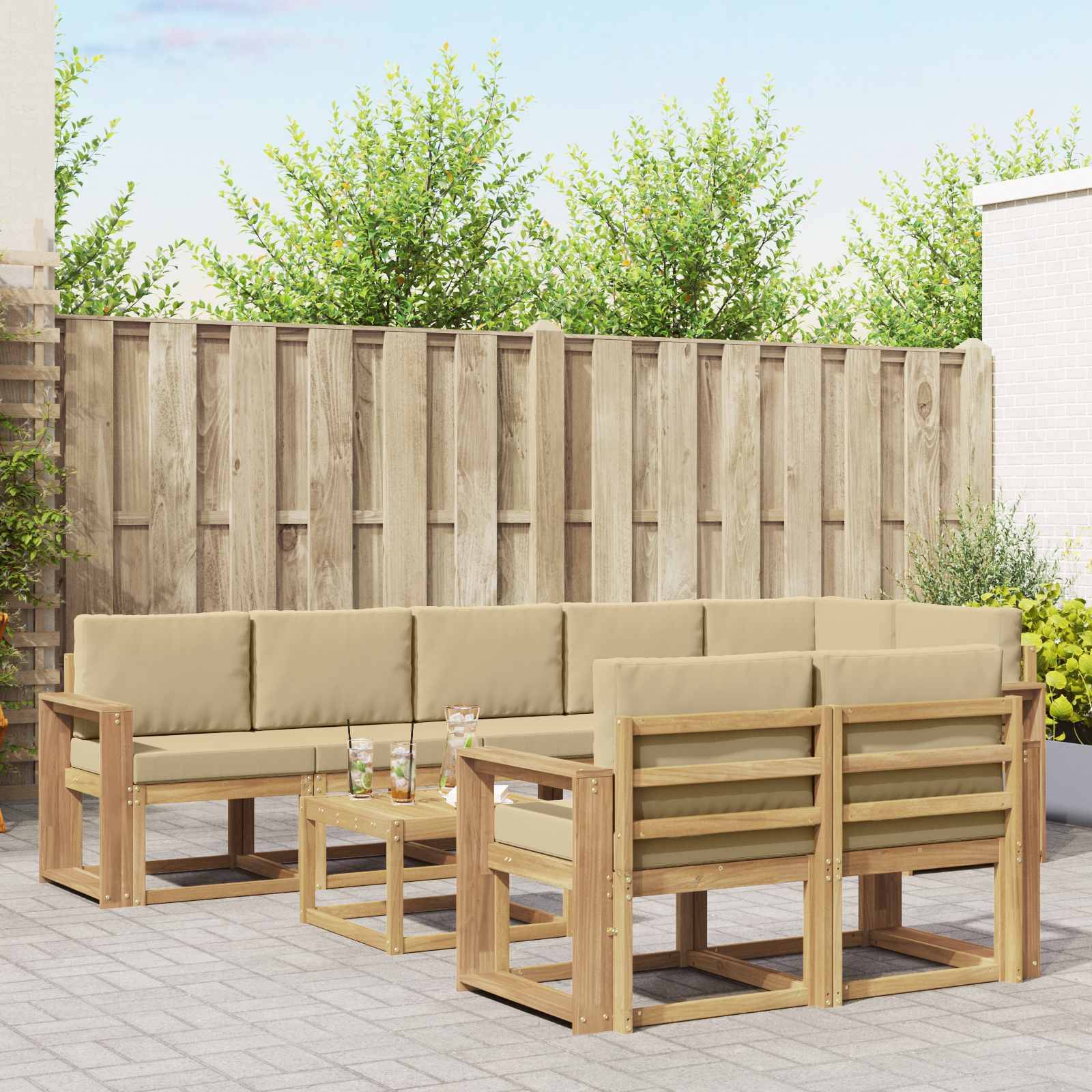 vidaXL Outdoor-Sofagarnitur mit Kissen 9 pcs Weiß und Beige Polyester