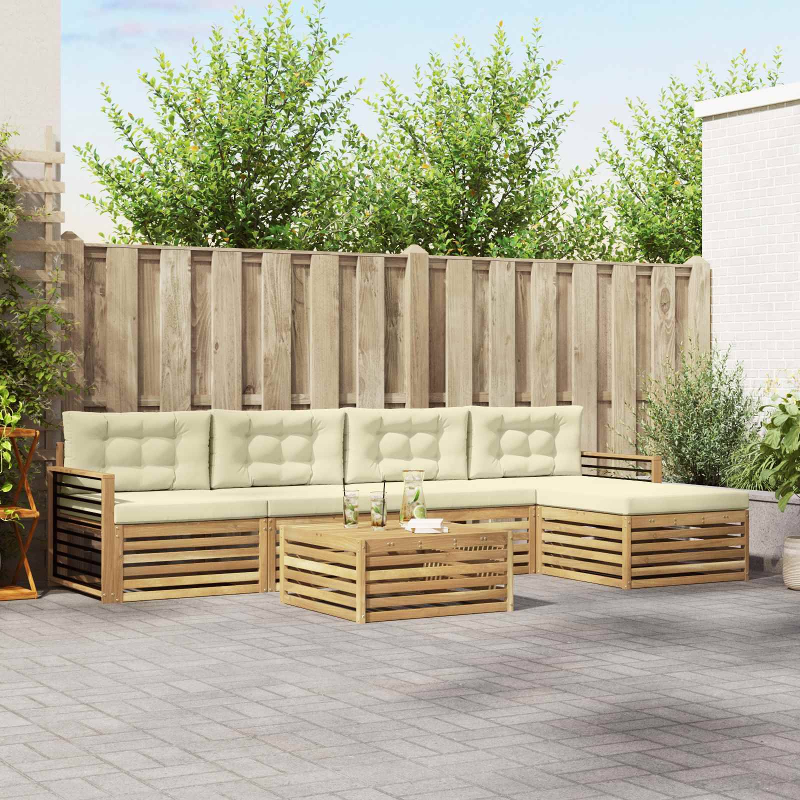 vidaXL Outdoor-Sofagarnitur mit Kissen 7 pcs Weiß und Creme Polyester