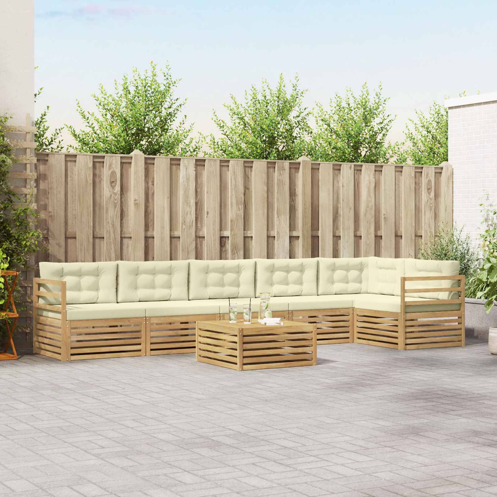 vidaXL Outdoor-Sofagarnitur mit Kissen 7 pcs Weiß und Creme Polyester