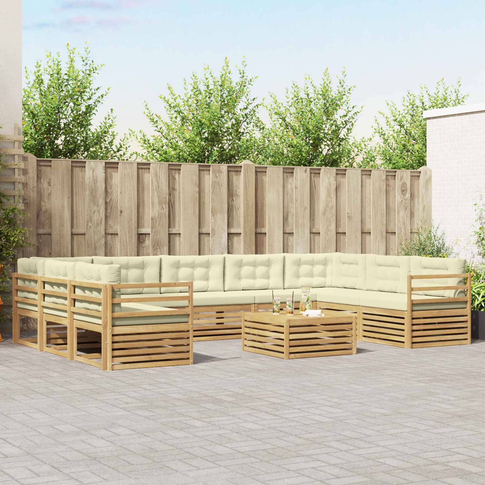 vidaXL Outdoor-Sofagarnitur mit Kissen 10 pcs Weiß und Creme Polyester