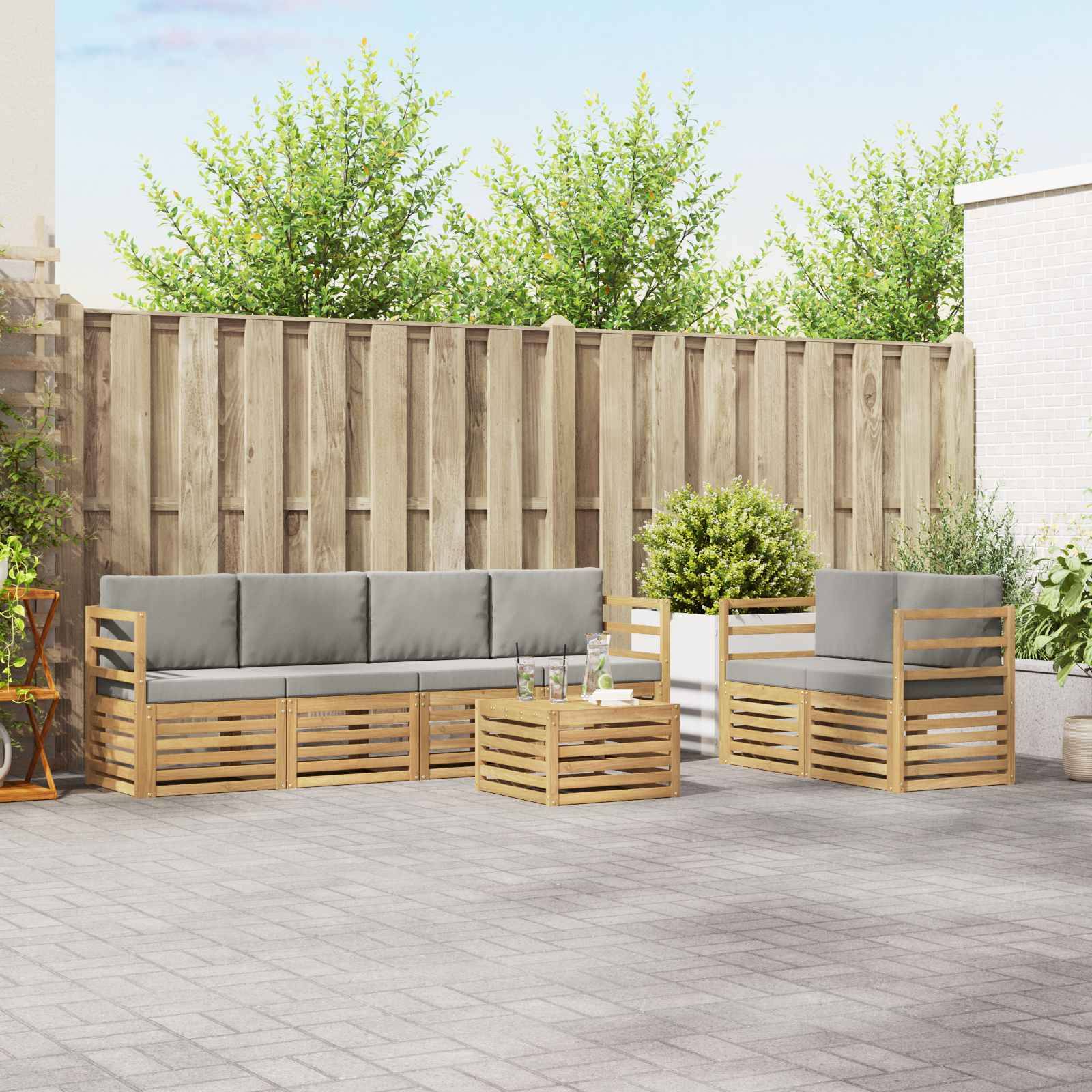 vidaXL Outdoor-Sofagarnitur 7 pcs Weiß und Hellgrau Polyester