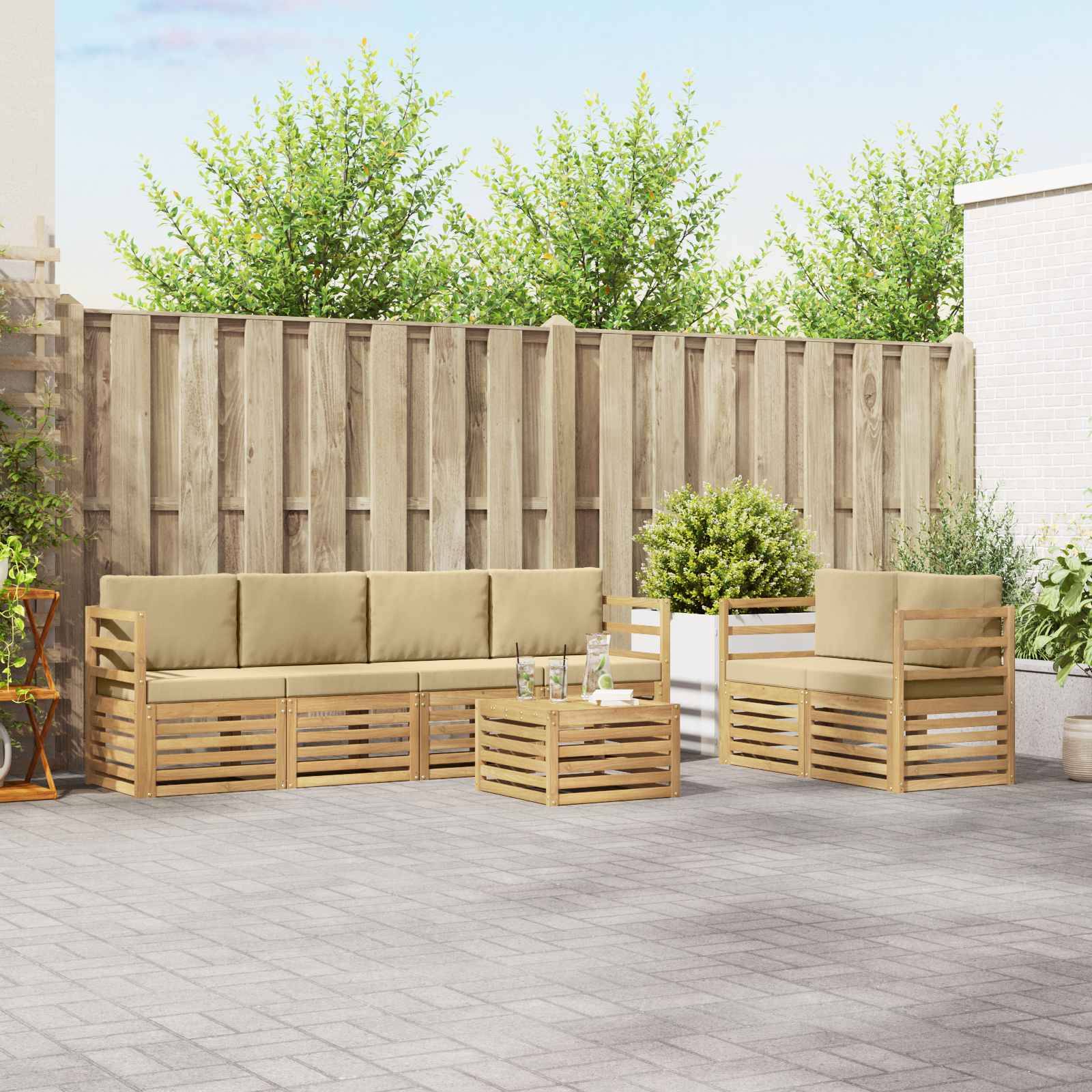 vidaXL Outdoor-Sofagarnitur mit Kissen 7 pcs Weiß und Beige Polyester
