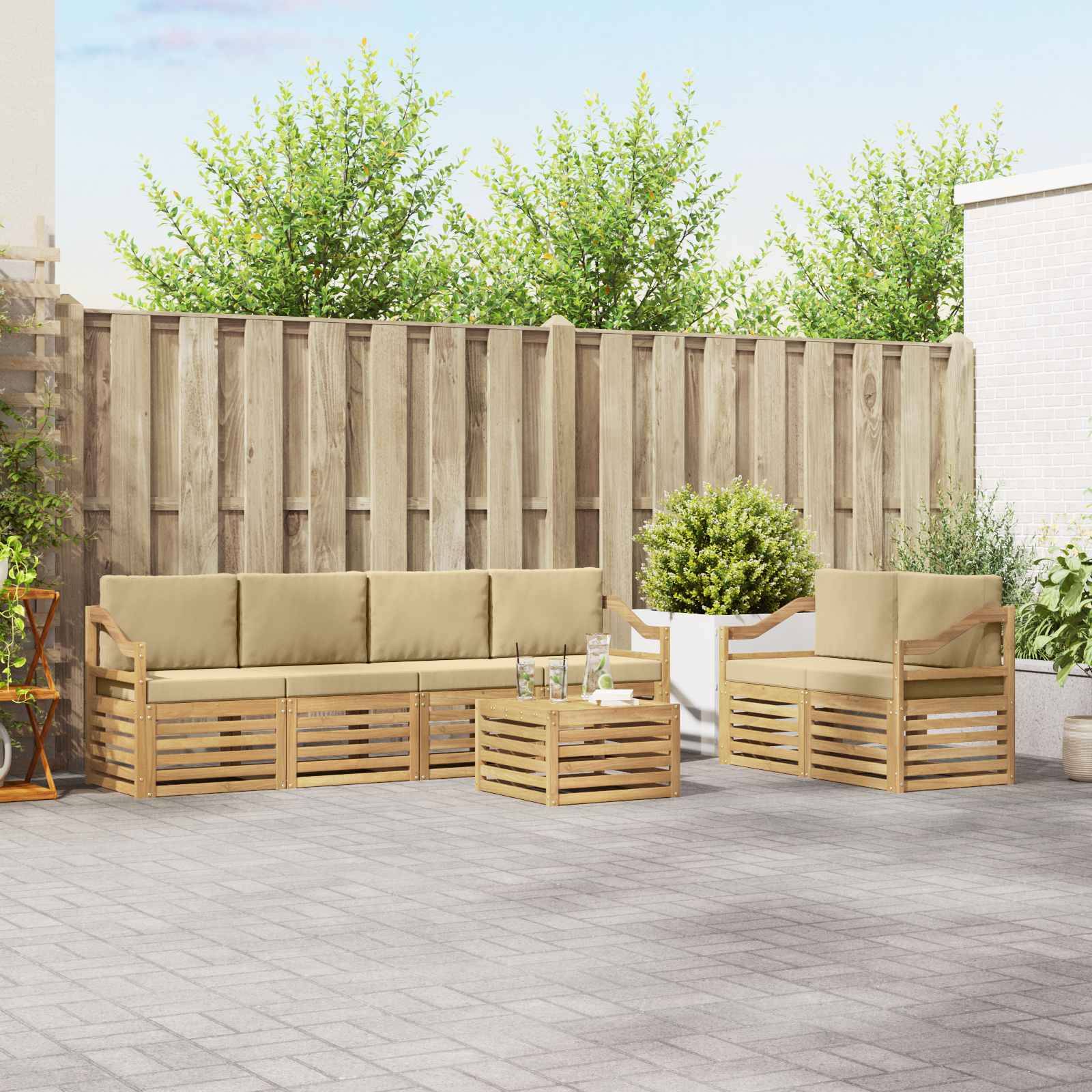 vidaXL Outdoor-Sofagarnitur mit Kissen 7 pcs Weiß und Beige Polyester