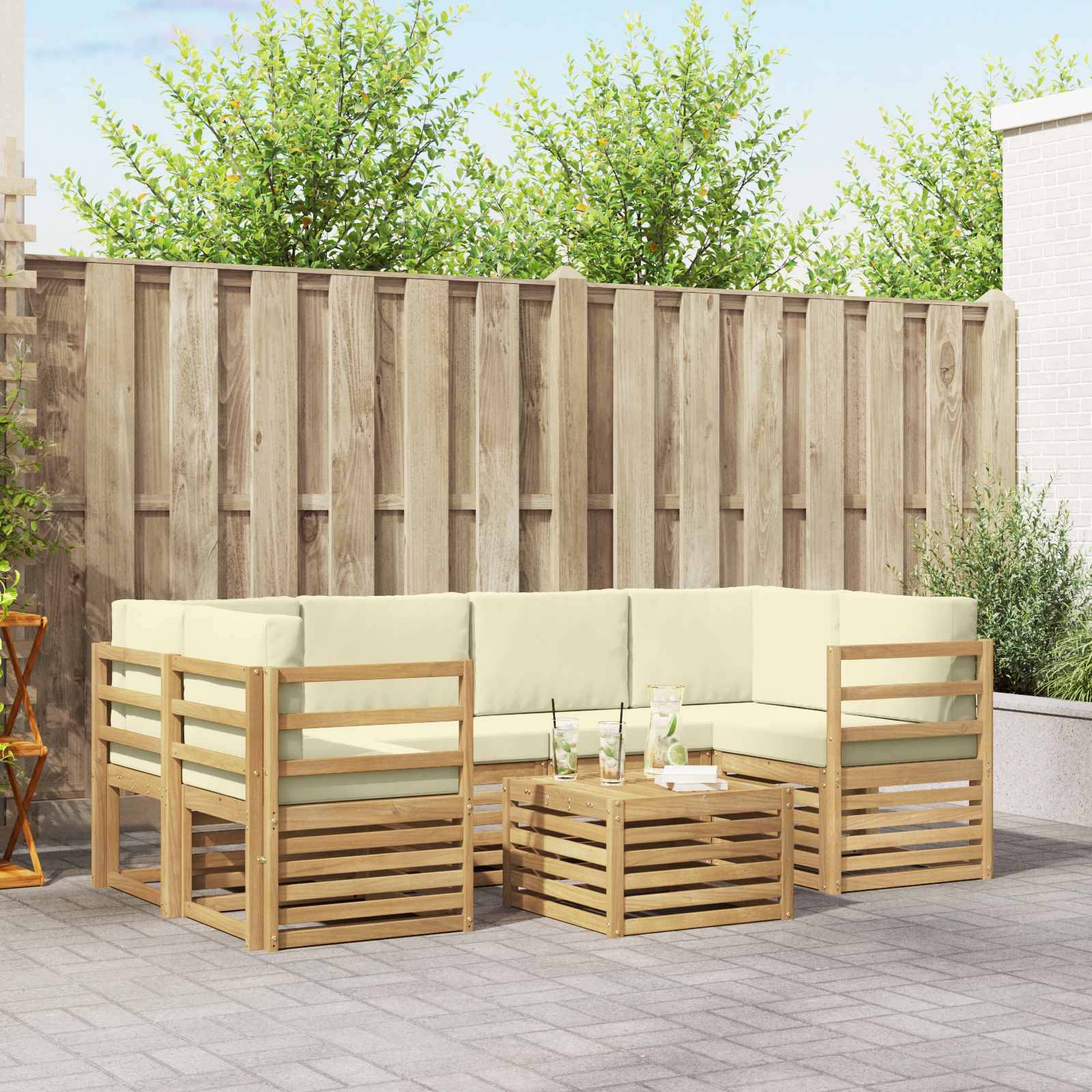 vidaXL Outdoor-Sofagarnitur mit Kissen 7 pcs Weiß und Creme Polyester