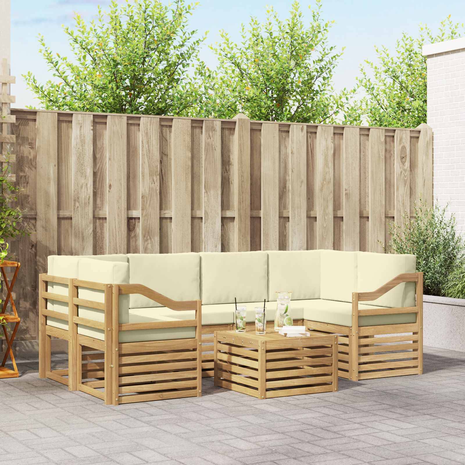 vidaXL Outdoor-Sofagarnitur mit Kissen 7 pcs Weiß und Creme Polyester