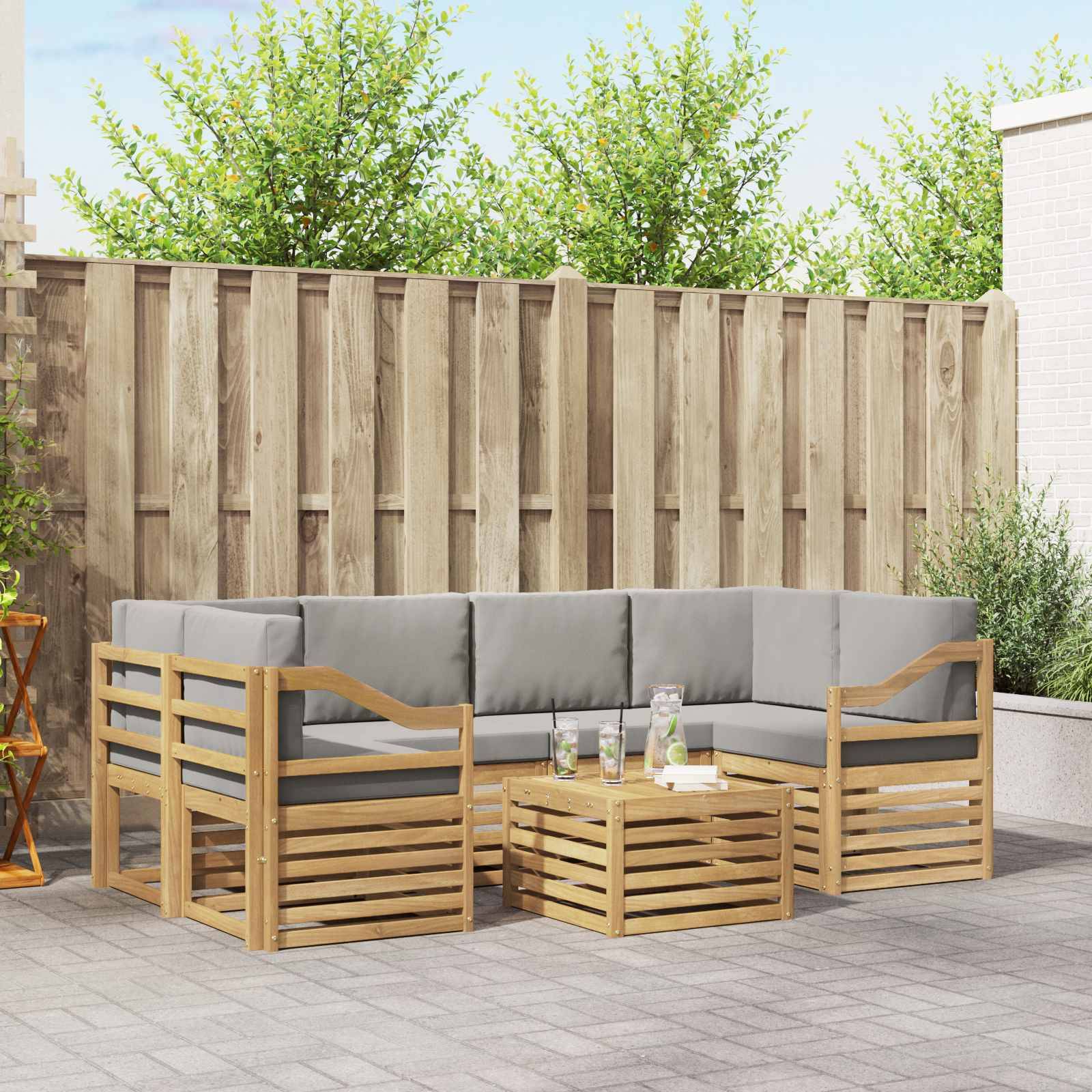 vidaXL Outdoor-Sofagarnitur 7 pcs Weiß und Hellgrau Polyester