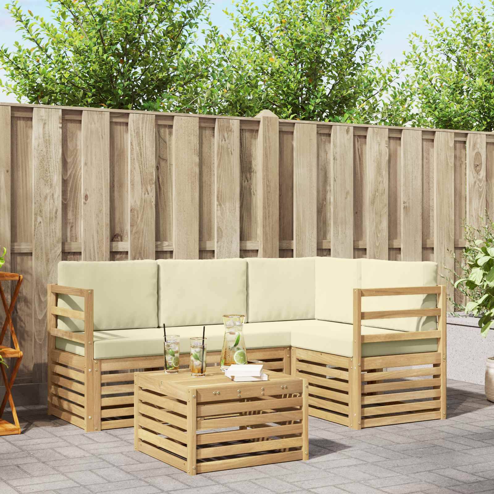 vidaXL Outdoor-Sofagarnitur mit Kissen 5 pcs Weiß und Creme Polyester