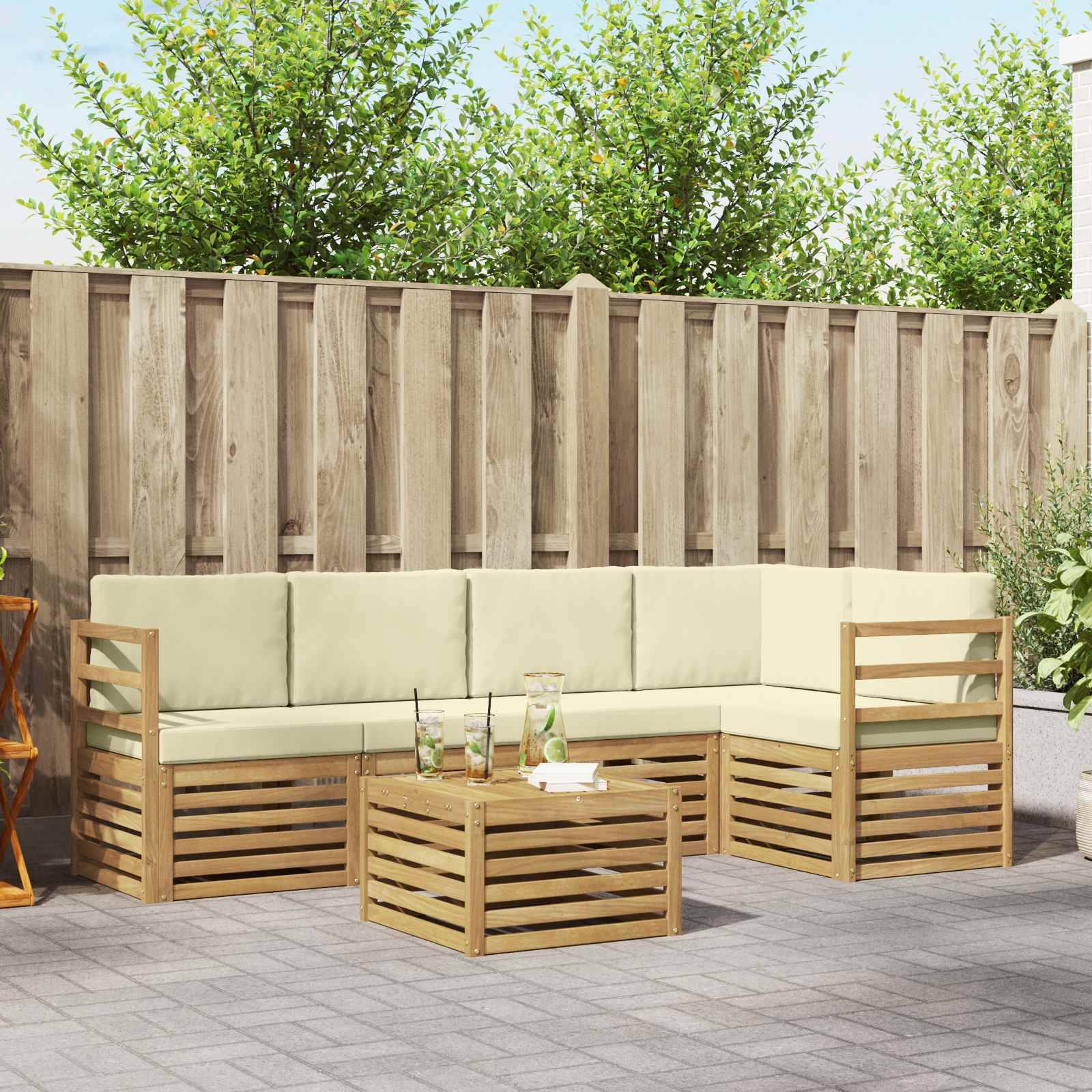 vidaXL Ecksofa Set mit Kissen 6 pcs Weiß und Creme Massivholz Akazie