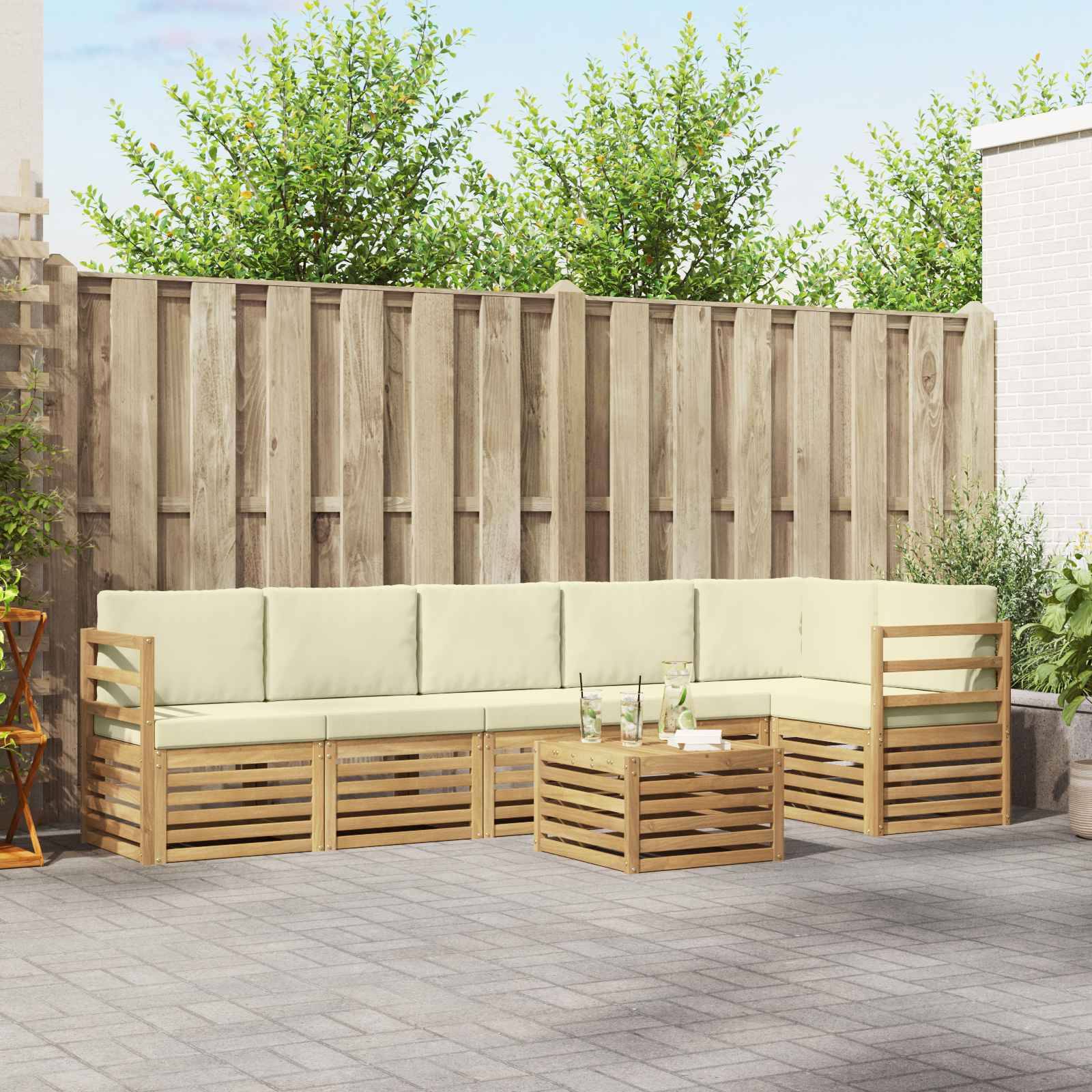 vidaXL Ecksofa Set mit Kissen 7 pcs Weiß und Creme Massivholz Akazie