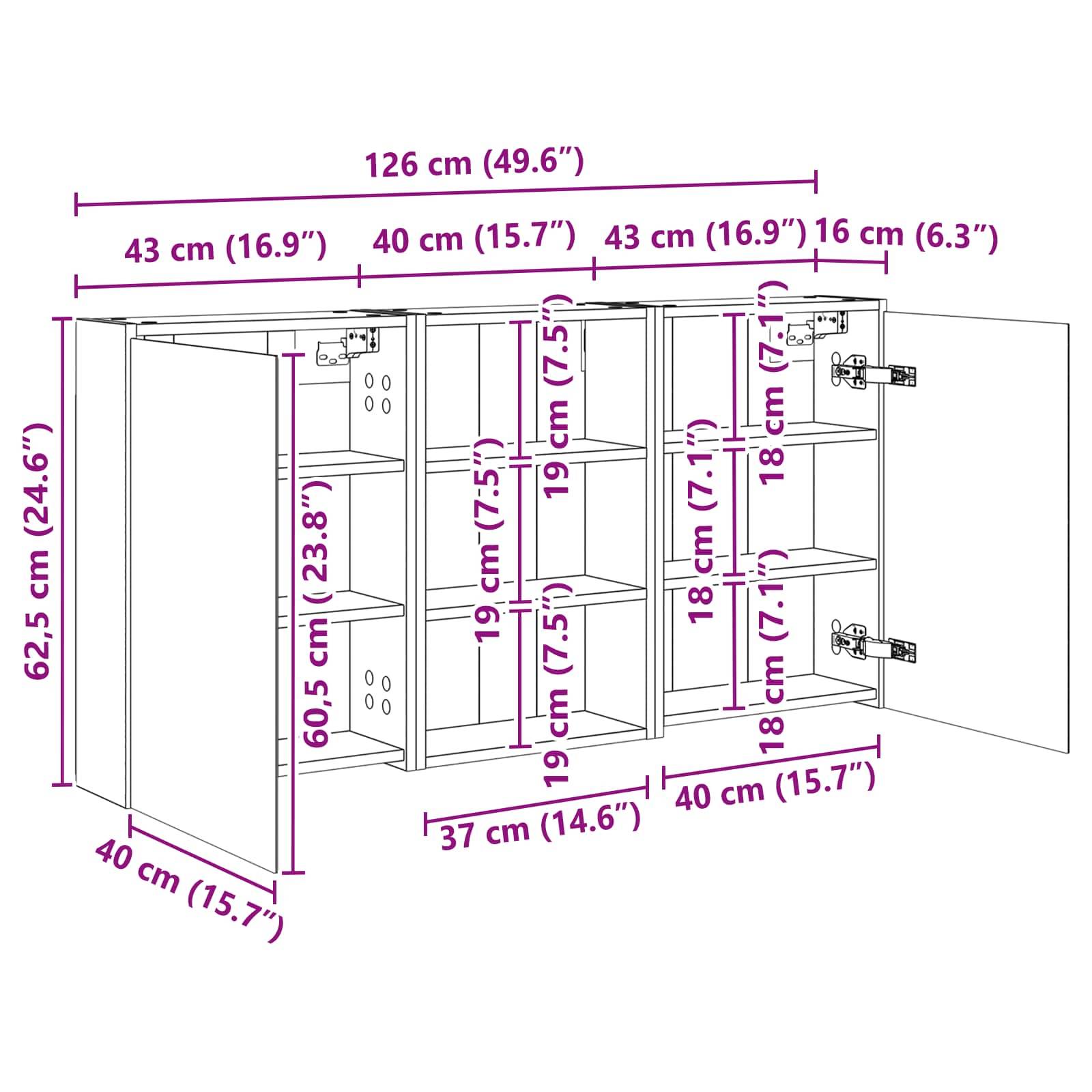 vidaXL Badezimmerschrank-Set 3 pcs 126 x 16 x 62,5 cm Holzwerkstoff