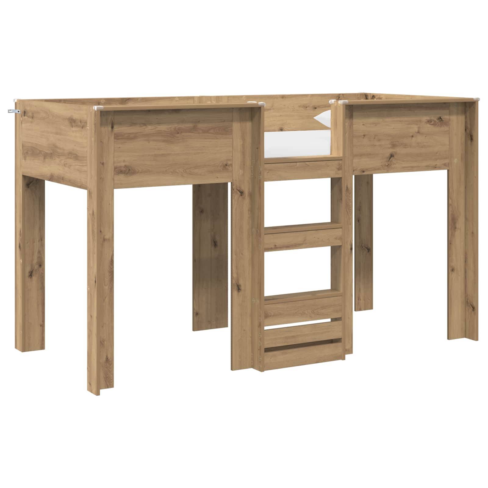 Hochbett aus Holz mit integriertem Schreibtisch darunter und zentraler Leiter, gezeigt auf weißem Hintergrund.