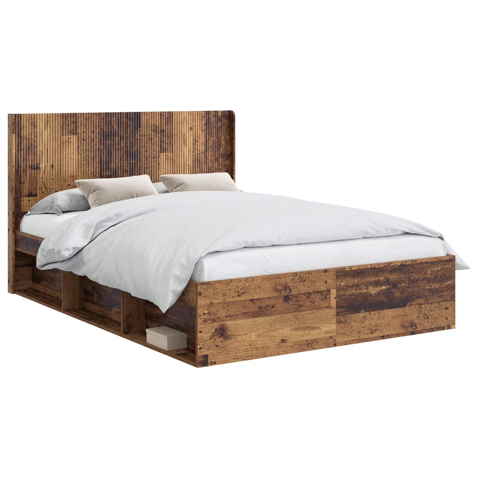 vidaXL Bettgestell mit Stauraum und Kopfteil Altholz 120 x 190 cm