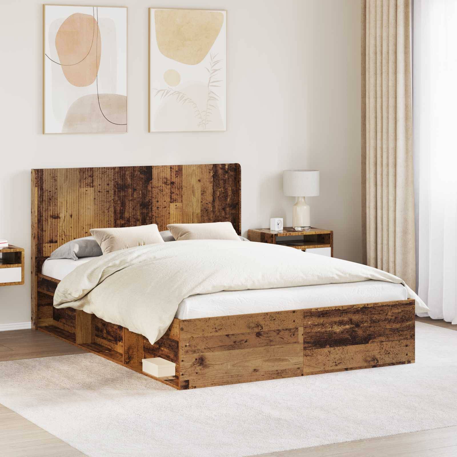 vidaXL Bettgestell mit Stauraum und Kopfteil Altholz 120 x 190 cm
