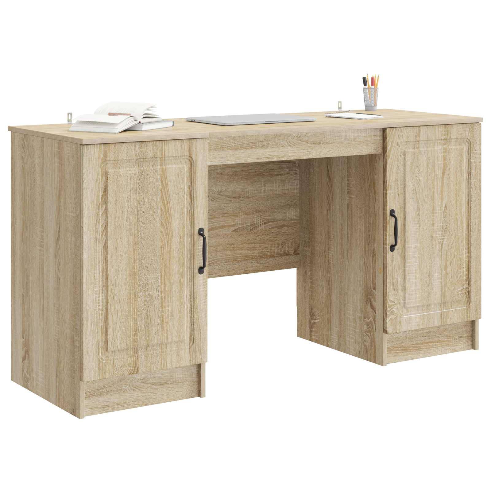Hellholz-Schreibtisch mit zwei Schrankflügeln, freiem Knieraum und kleinen Gegenständen auf der Oberfläche vor weißem Hintergrund.