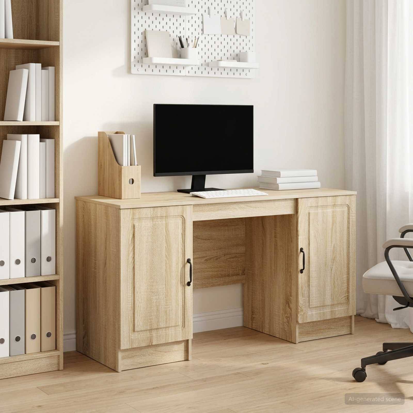 Minimales Homeoffice mit einem Holzschreibtisch, schwarzem Monitor, Tastatur, Dateiorganizern, Bücherregal und Rollstuhl neben einem Fenster.
