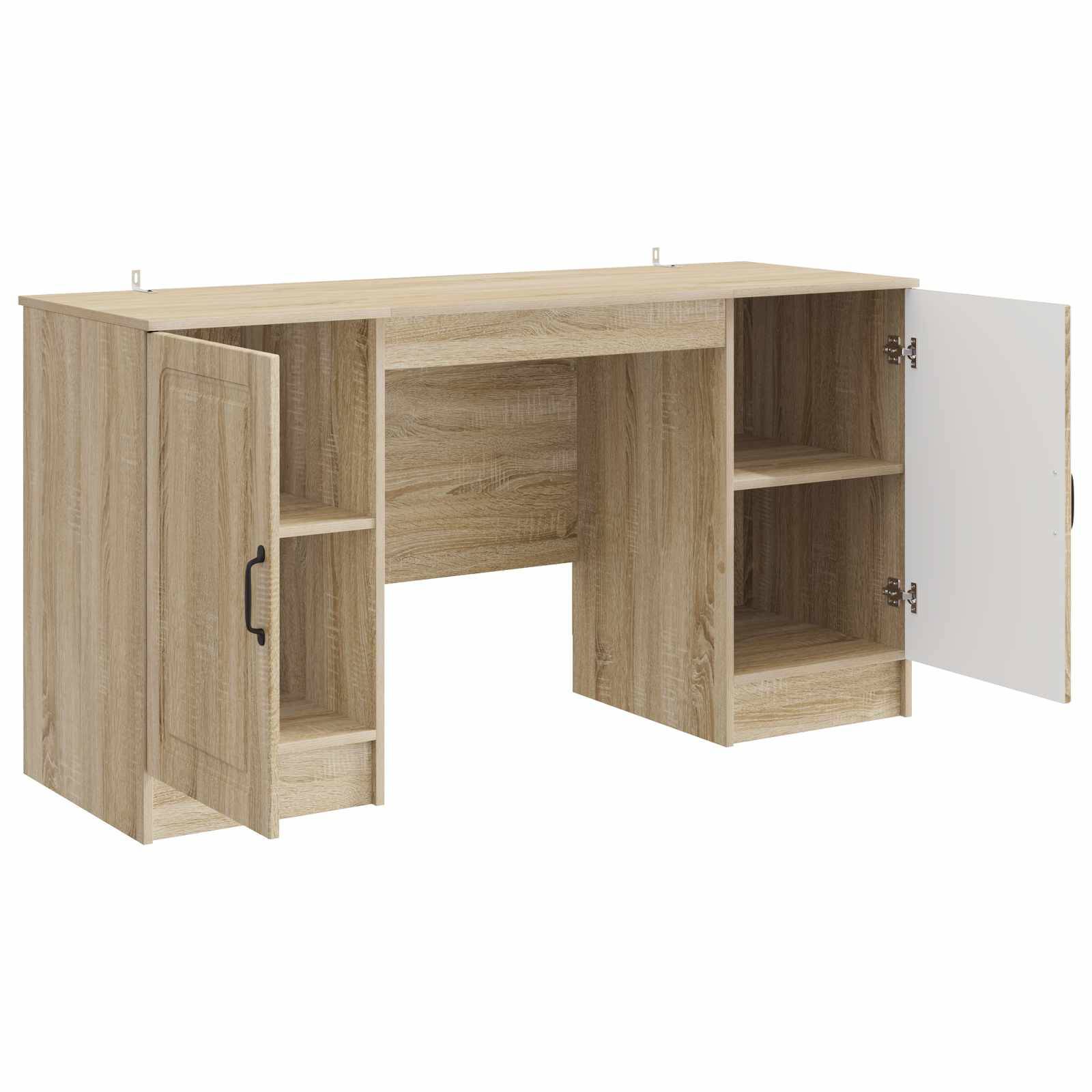 Holztisch mit integrierten Schrankspeichern und offenen Regalen, dargestellt mit geöffneten linken und rechten Türen.