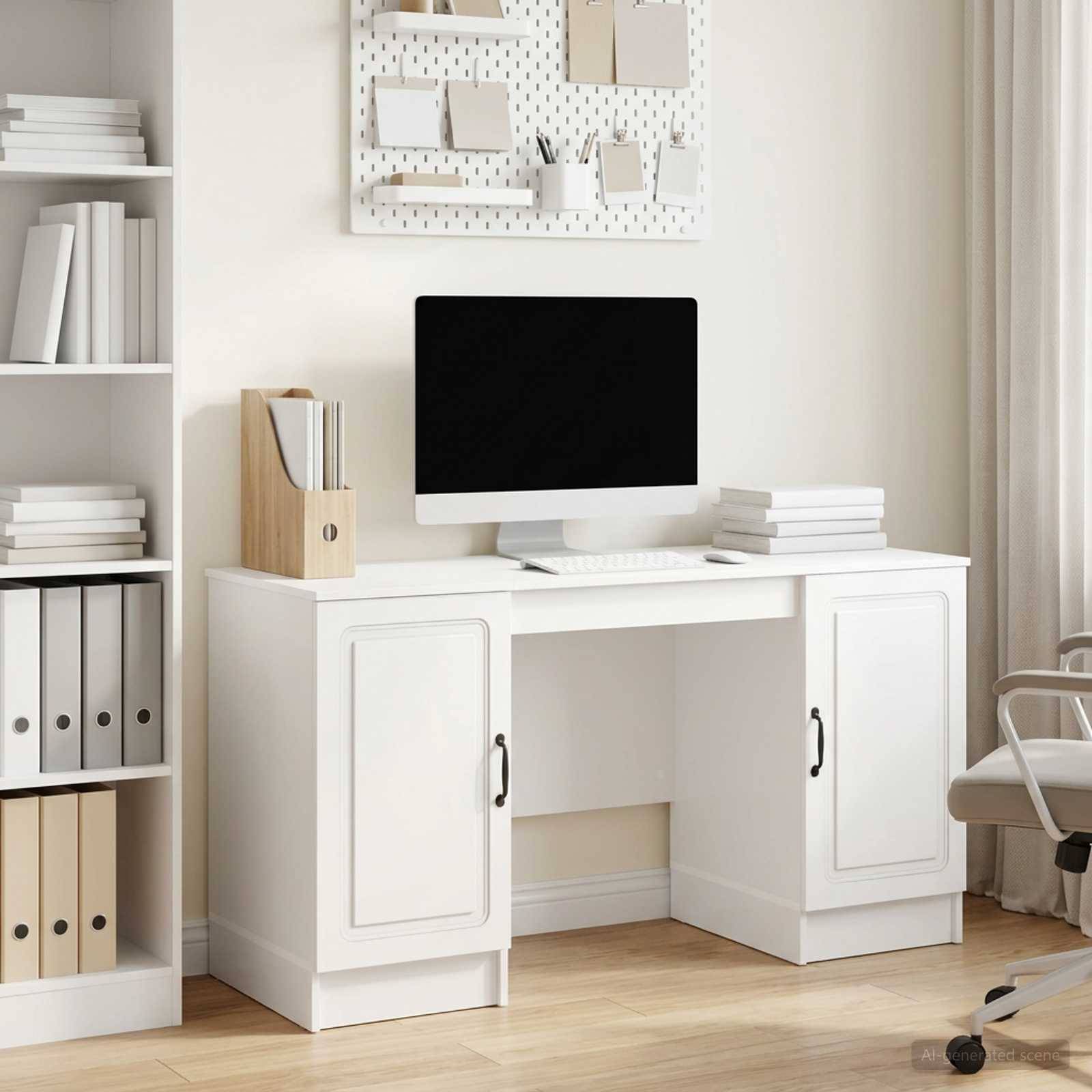 Weißes Homeoffice mit einem Schreibtisch, Computermonitor, Regalen mit Ordnern und einem Stuhl neben einem Fenster.