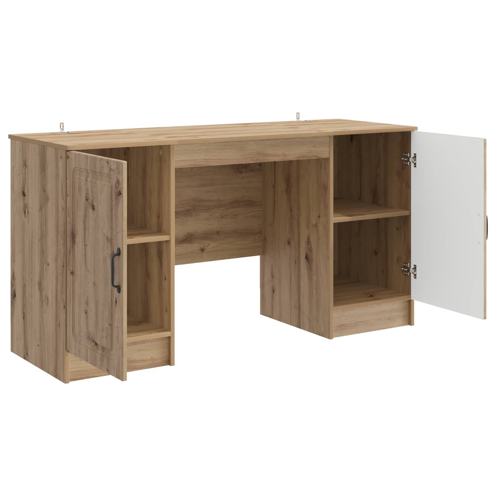 Holzschreibtisch mit integrierten Lagerschränken und offenen Regalen, gezeigt mit beiden seitlich offenen Türen auf weißem Hintergrund.