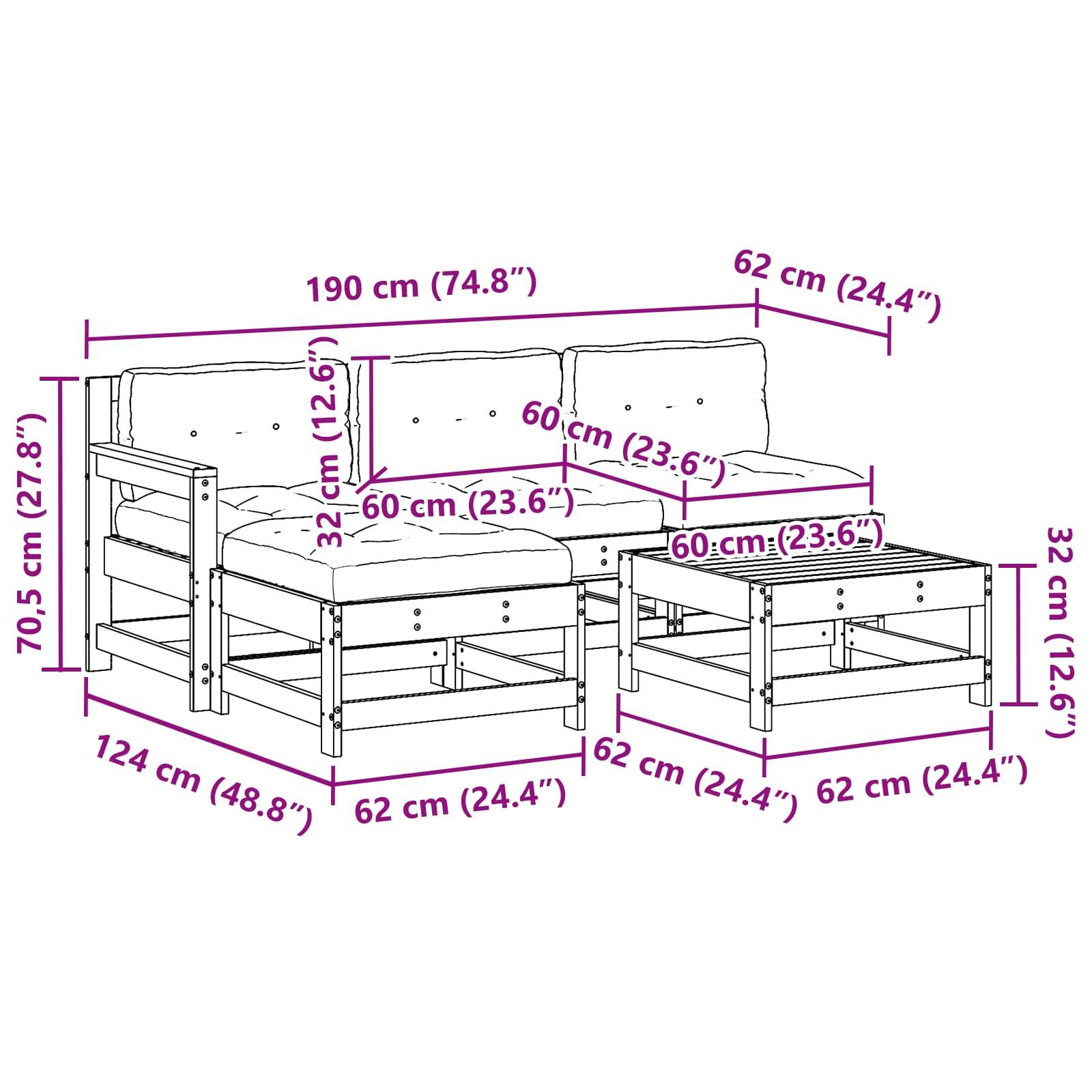 vidaXL Garten-Lounge-Set 5 pcs Wachsboden Kiefer Massives Kiefernholz