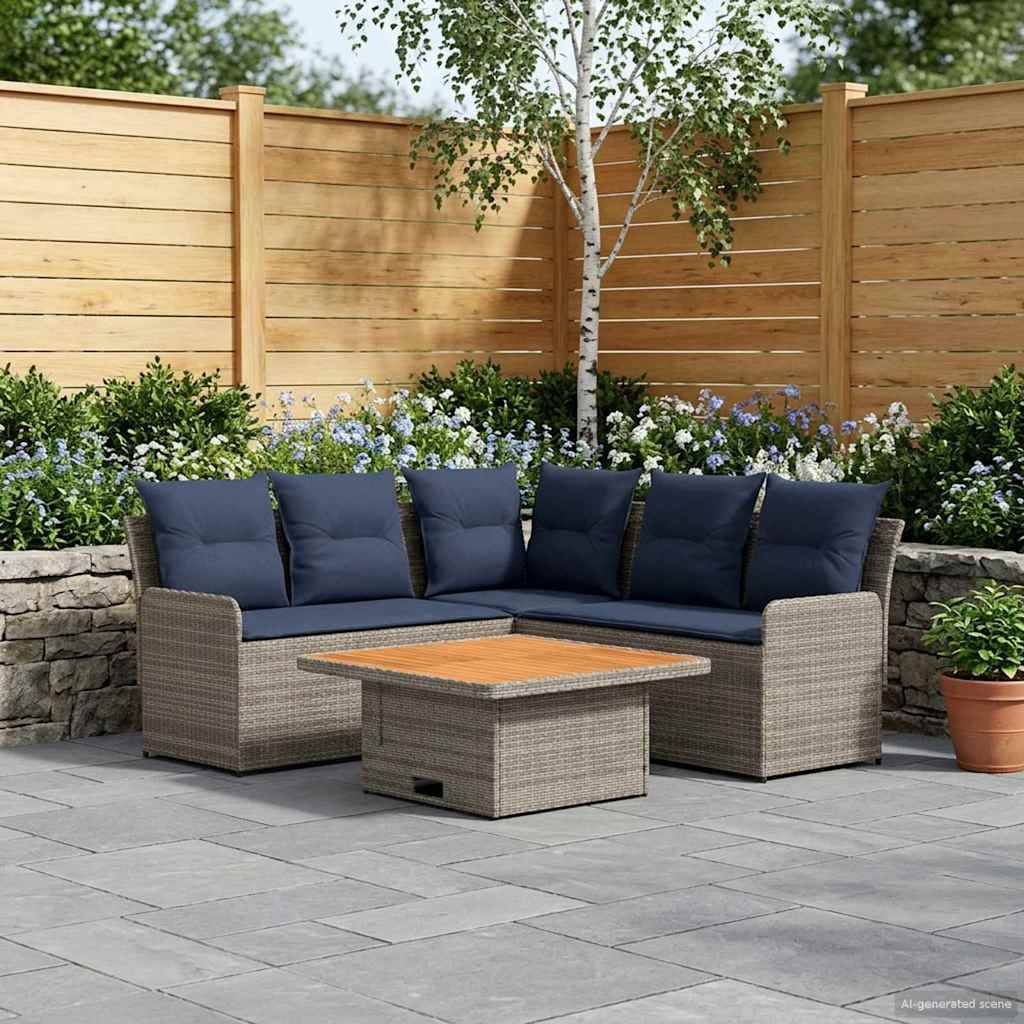 vidaXL Möbelsets mit Kissen 4 pcs Grau und Marineblau PE-Rattan