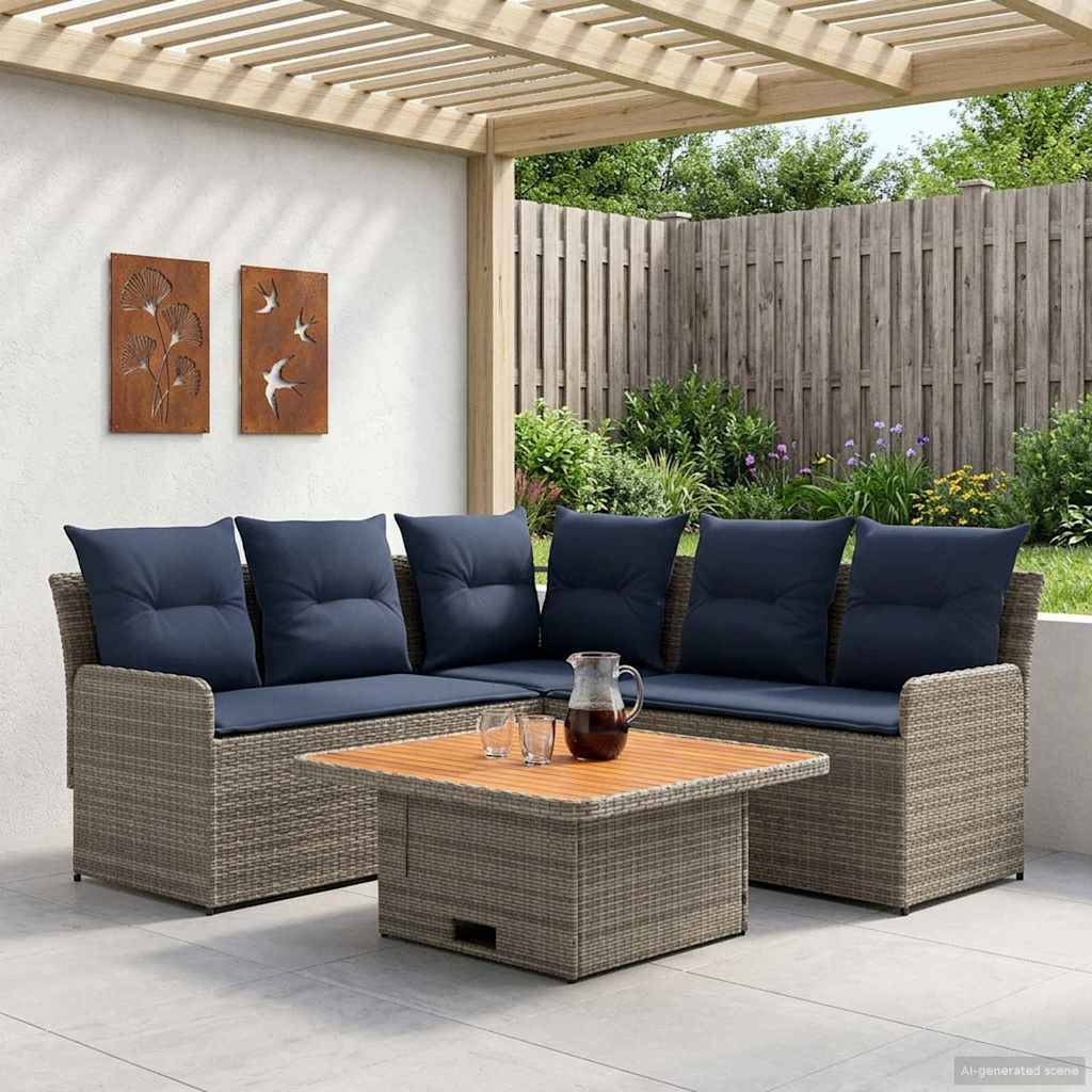 vidaXL Möbelsets mit Kissen 4 pcs Grau und Marineblau PE-Rattan