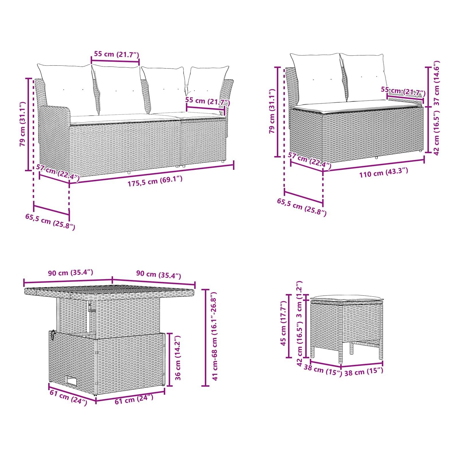 vidaXL Möbelsets mit Kissen 6 pcs Schwarz PE-Rattan