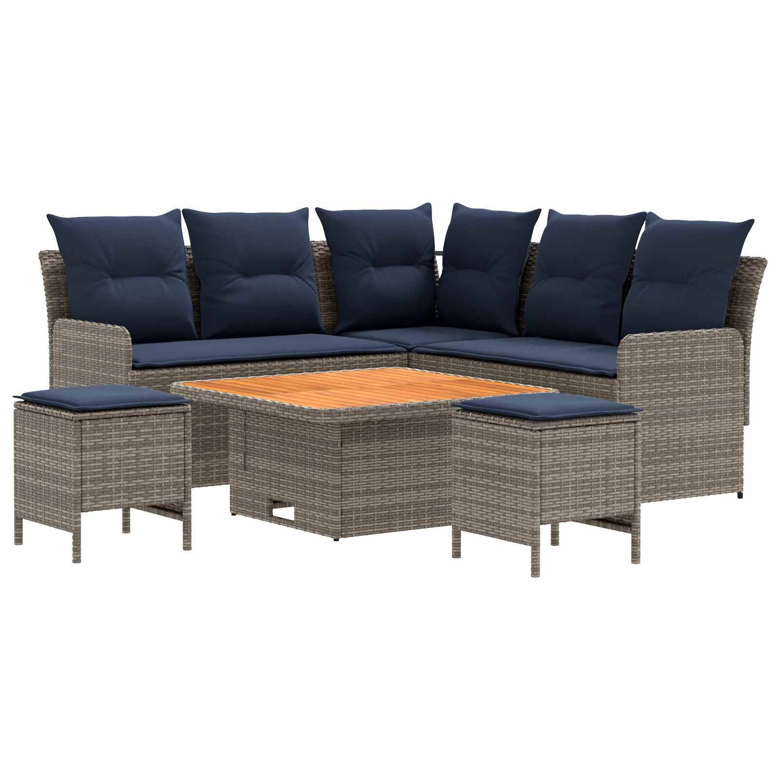 vidaXL Möbelsets mit Kissen 6 pcs Grau und Marineblau PE-Rattan