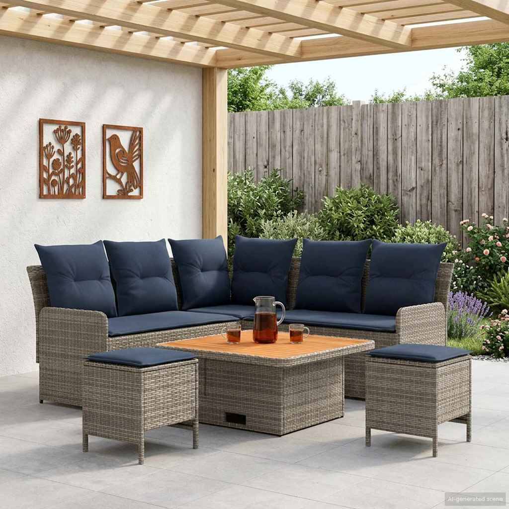 vidaXL Möbelsets mit Kissen 6 pcs Grau und Marineblau PE-Rattan