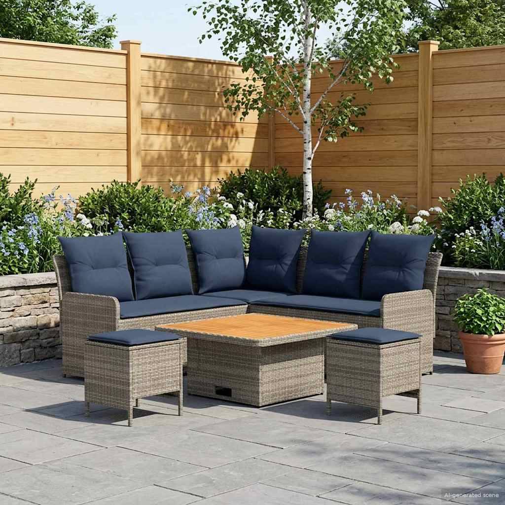 vidaXL Möbelsets mit Kissen 6 pcs Grau und Marineblau PE-Rattan