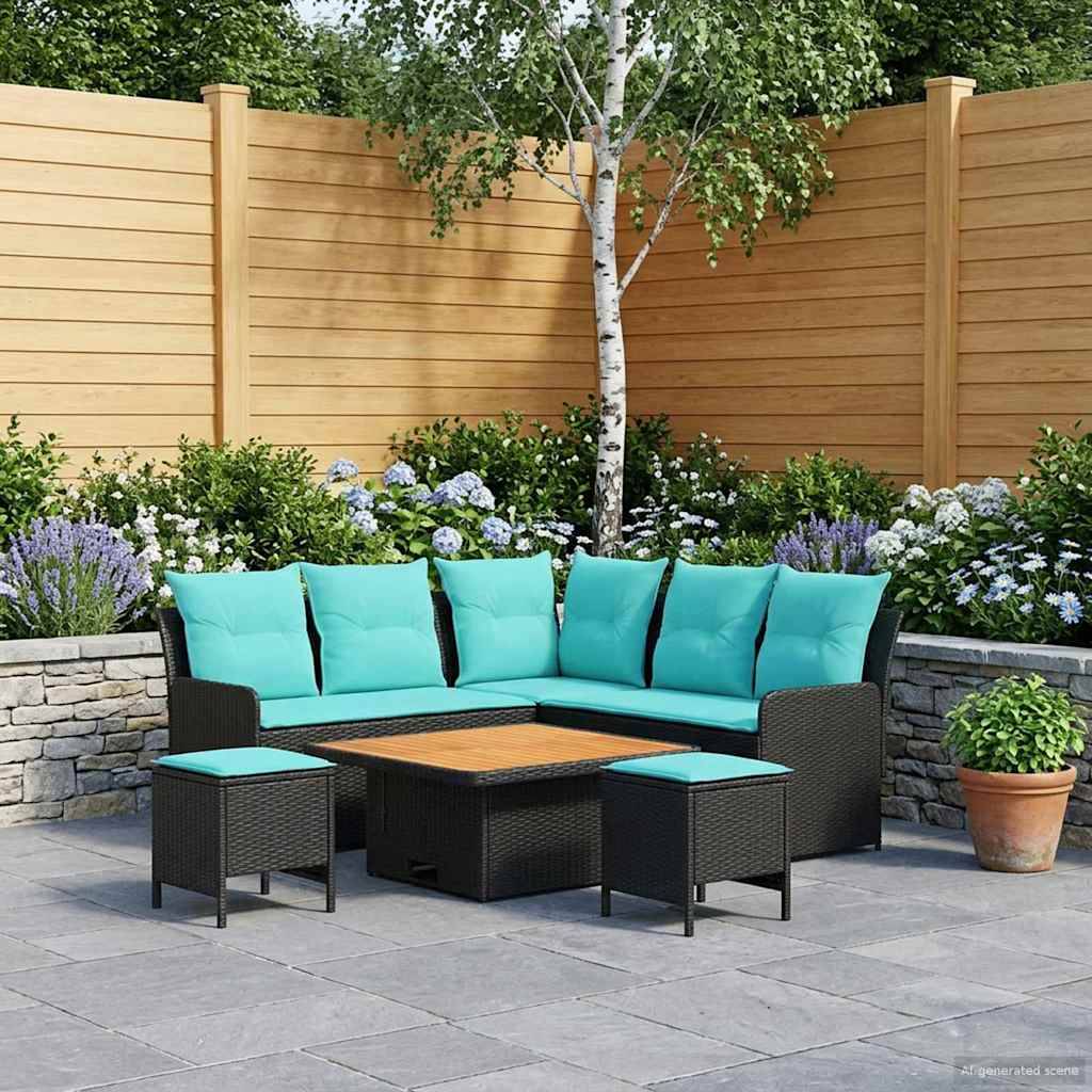 vidaXL Möbelsets mit Kissen 6 pcs Schwarz und Türkis PE-Rattan