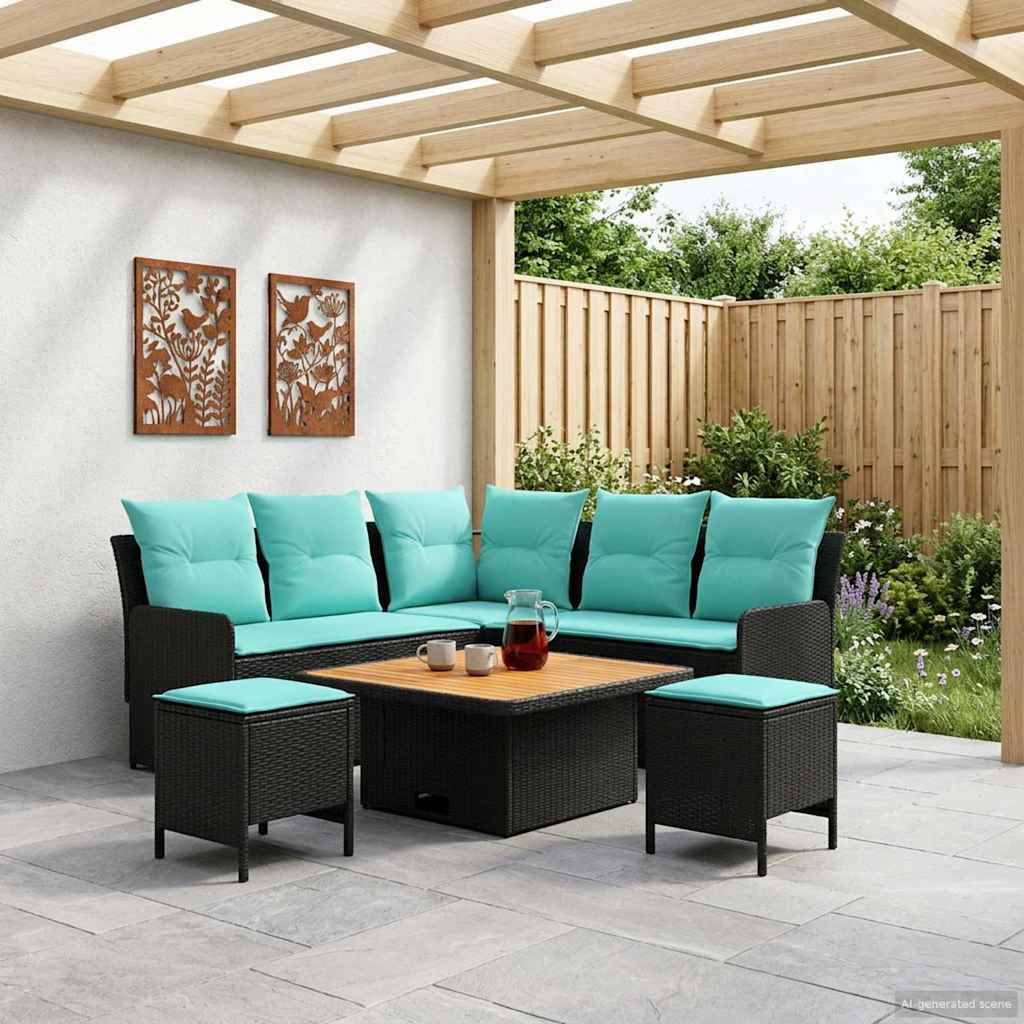 vidaXL Möbelsets mit Kissen 6 pcs Schwarz und Türkis PE-Rattan