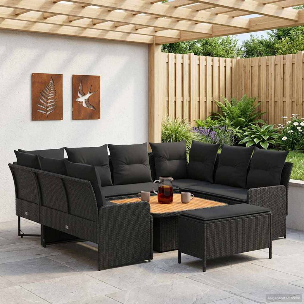 vidaXL Möbelsets mit Kissen 7 pcs Schwarz PE-Rattan