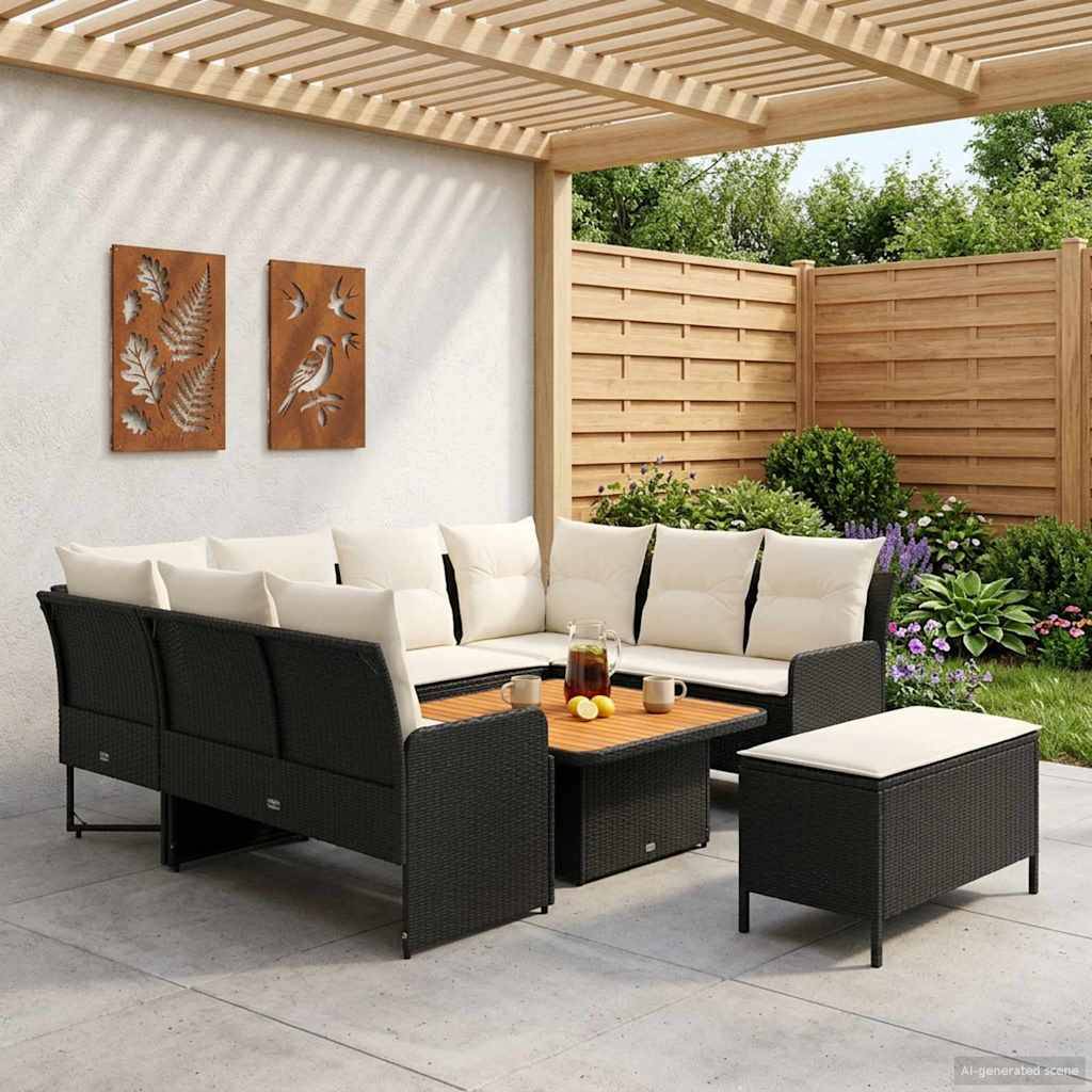 vidaXL Möbelsets mit Kissen 7 pcs Schwarz und Creme PE-Rattan