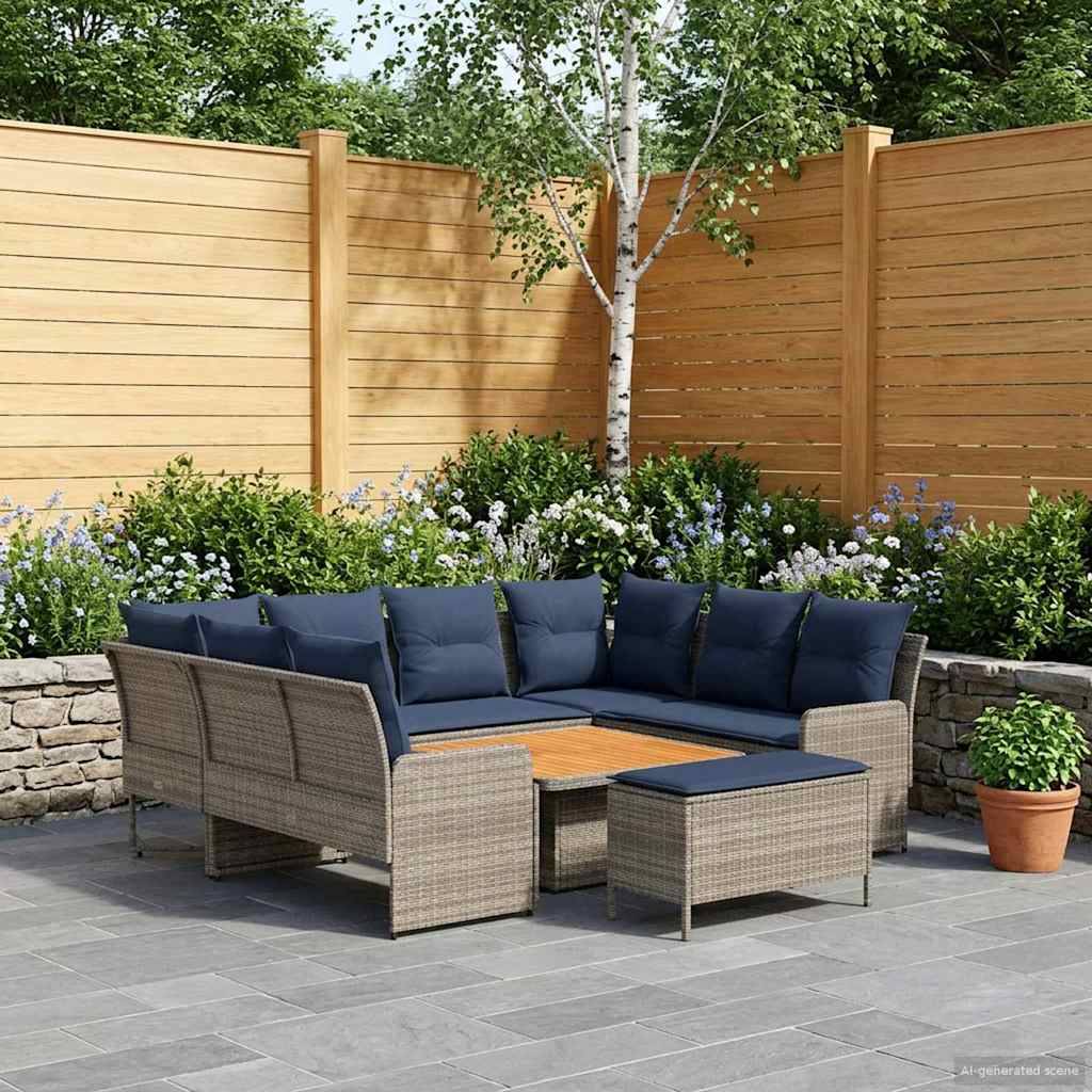vidaXL Möbelsets mit Kissen 7 pcs Grau und Marineblau PE-Rattan