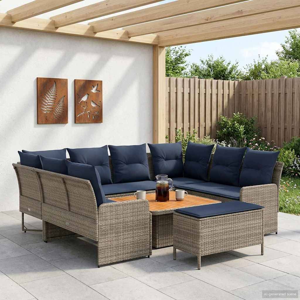 vidaXL Möbelsets mit Kissen 7 pcs Grau und Marineblau PE-Rattan