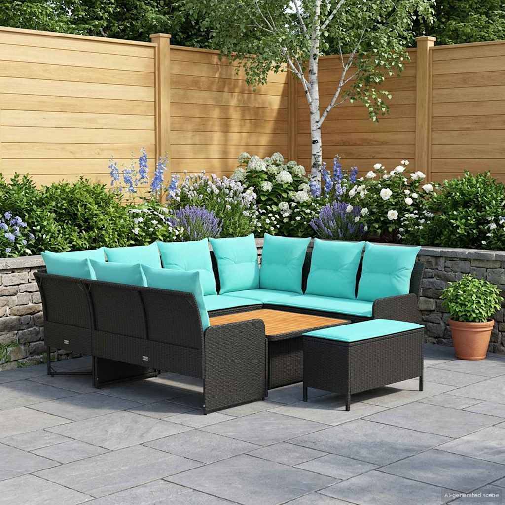 vidaXL Möbelsets mit Kissen 7 pcs Schwarz und Türkis PE-Rattan