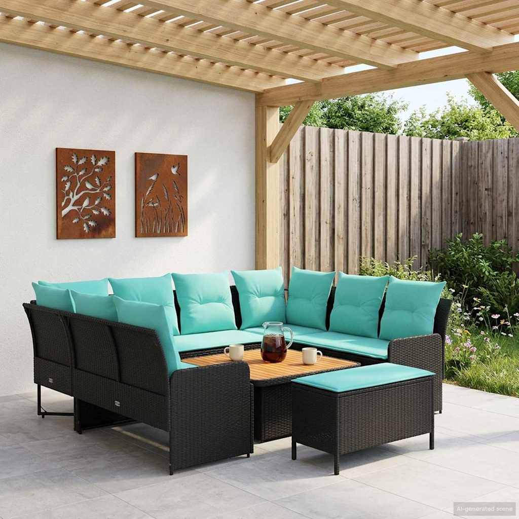 vidaXL Möbelsets mit Kissen 7 pcs Schwarz und Türkis PE-Rattan