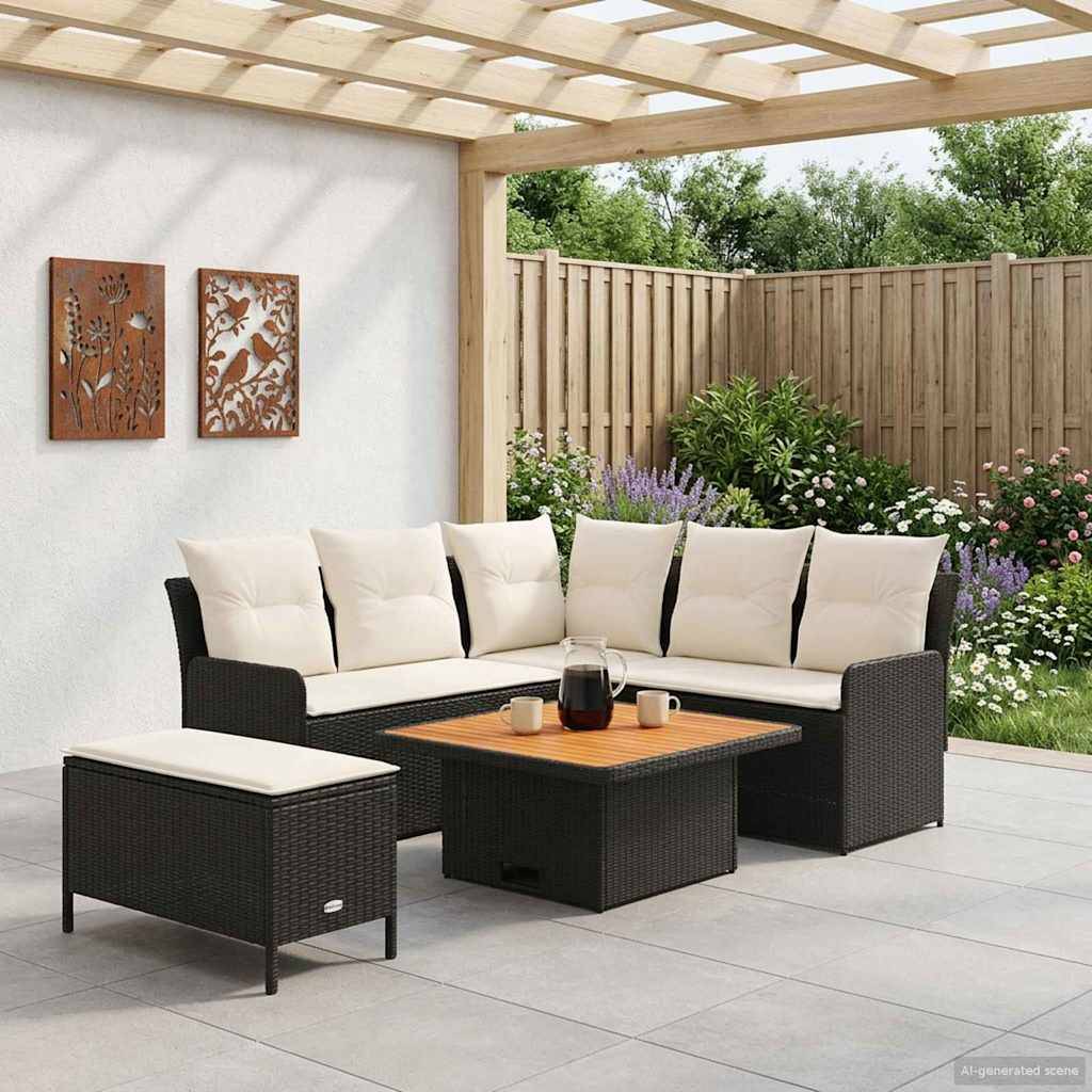 vidaXL Möbelsets mit Kissen 5 pcs Schwarz und Creme PE-Rattan