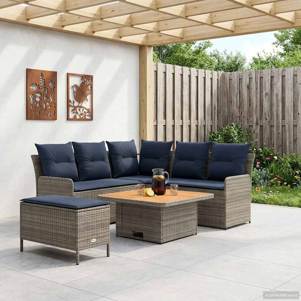 vidaXL Möbelsets mit Kissen 5 pcs Grau und Marineblau PE-Rattan