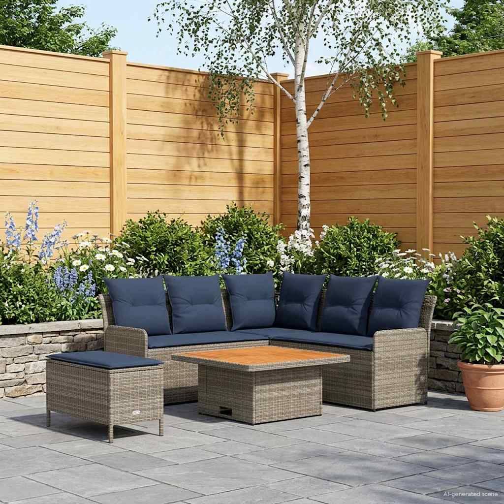 vidaXL Möbelsets mit Kissen 5 pcs Grau und Marineblau PE-Rattan