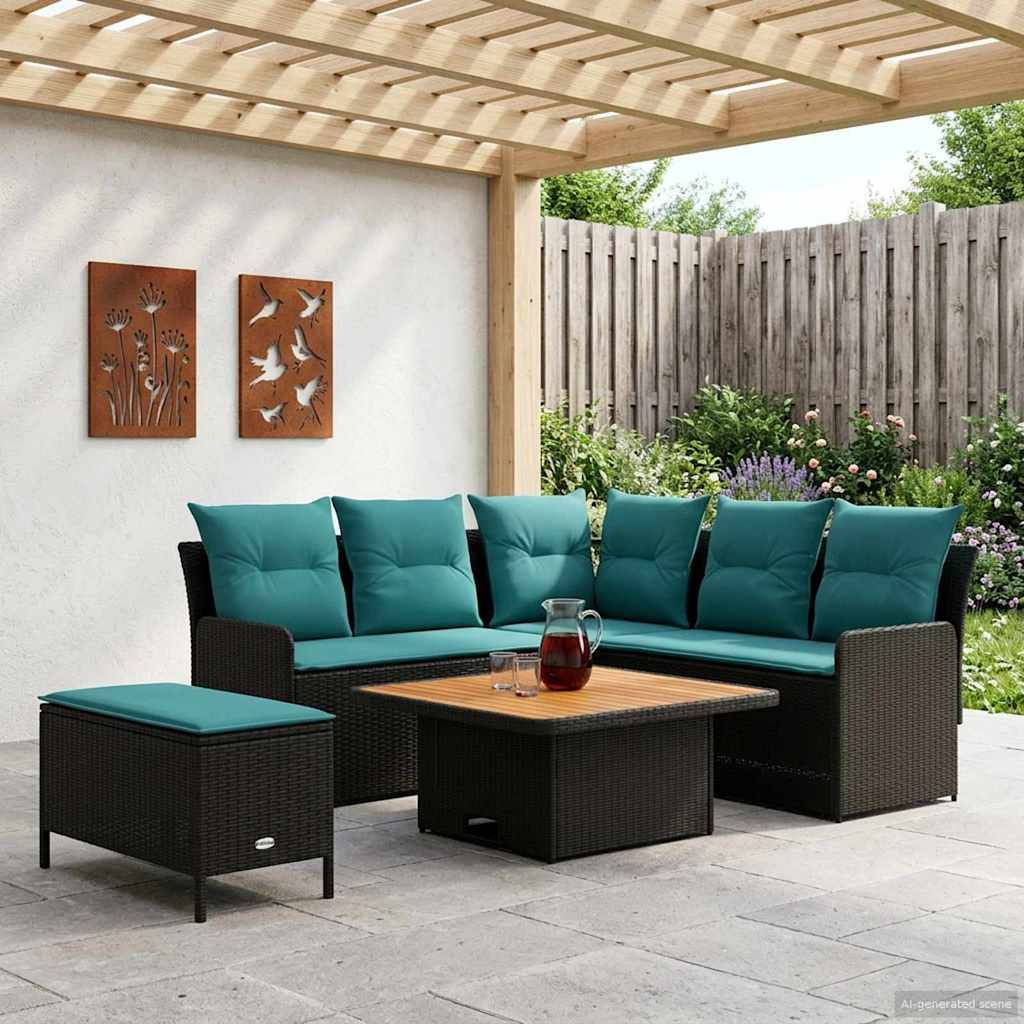 vidaXL Möbelsets mit Kissen 5 pcs Schwarz und Türkis PE-Rattan