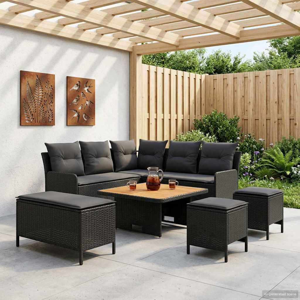 vidaXL Möbelsets mit Kissen 7 pcs Schwarz PE-Rattan