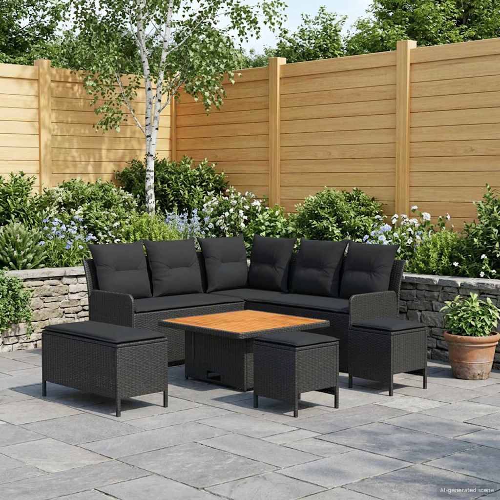 vidaXL Möbelsets mit Kissen 7 pcs Schwarz PE-Rattan