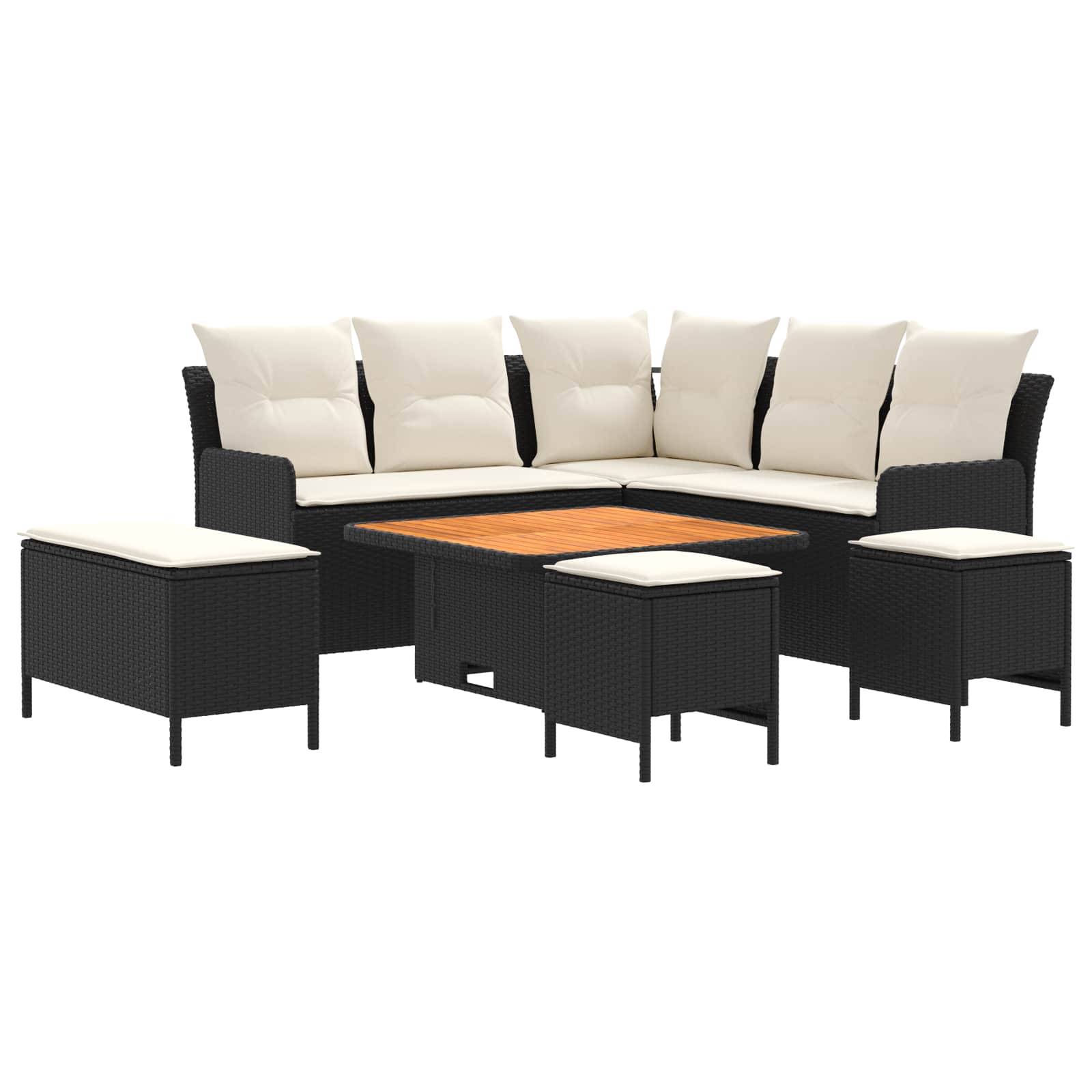 vidaXL Möbelsets mit Kissen 7 pcs Schwarz und Creme PE-Rattan